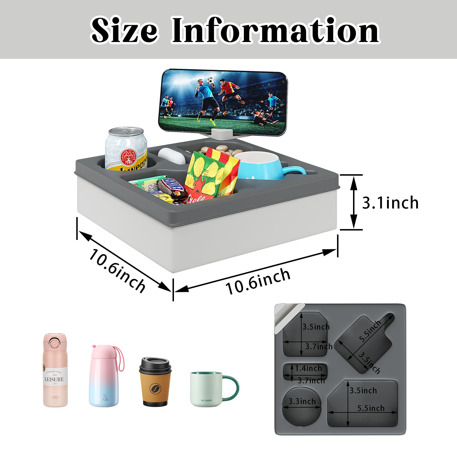 Rotatable Couch Caddy with Phone Holder & Cup Tray - Waterproof Sofa Organizer for Drinks, Snacks, Remote & Cellphone - Perfect for Living Room, Bedroom & Home Theater (Dark Gray)