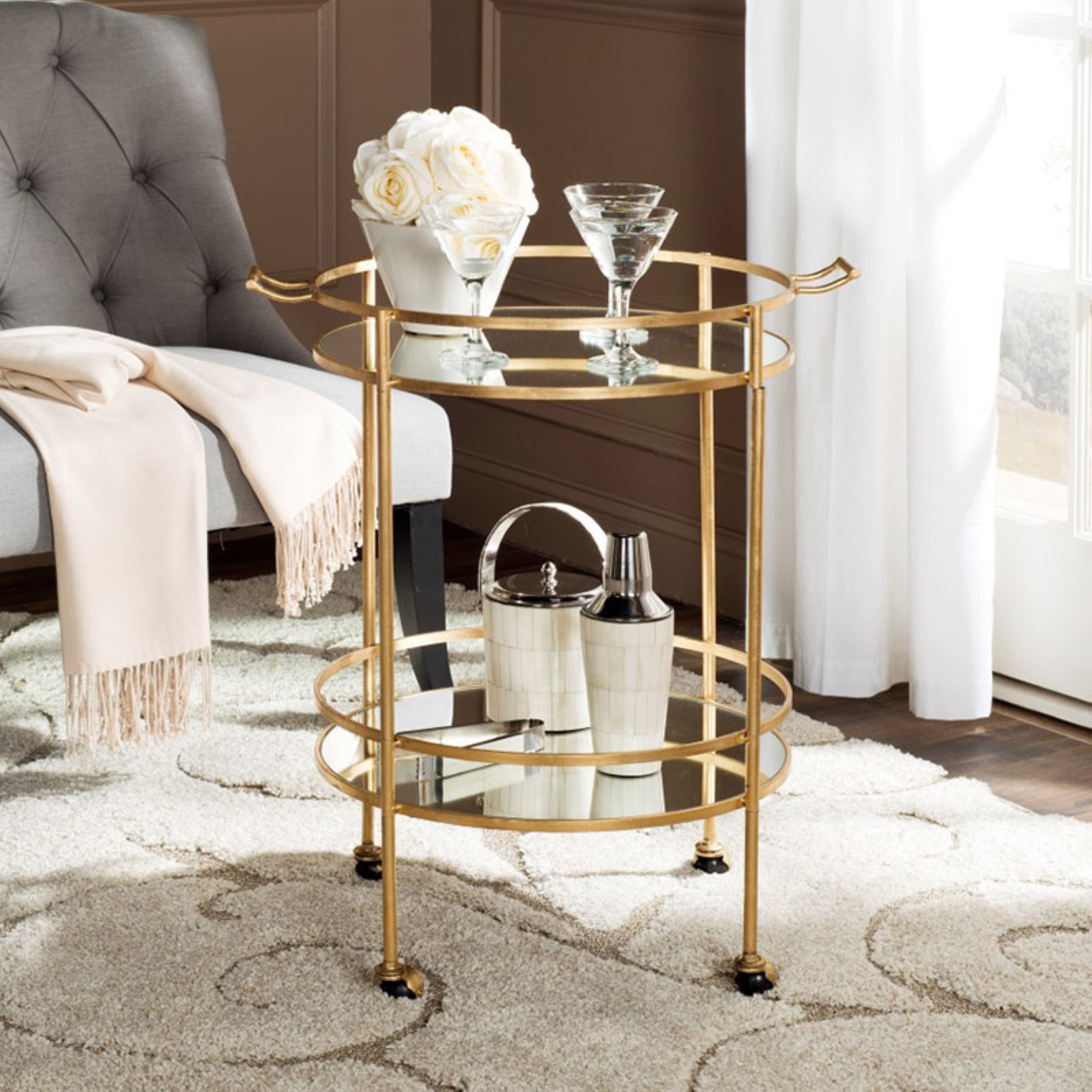 Safavieh Lavinia Silver Bar Cart - Modern Rolling Drink Cart with Glass Shelves for Living Room, Dining Room, or Home Bar Decor