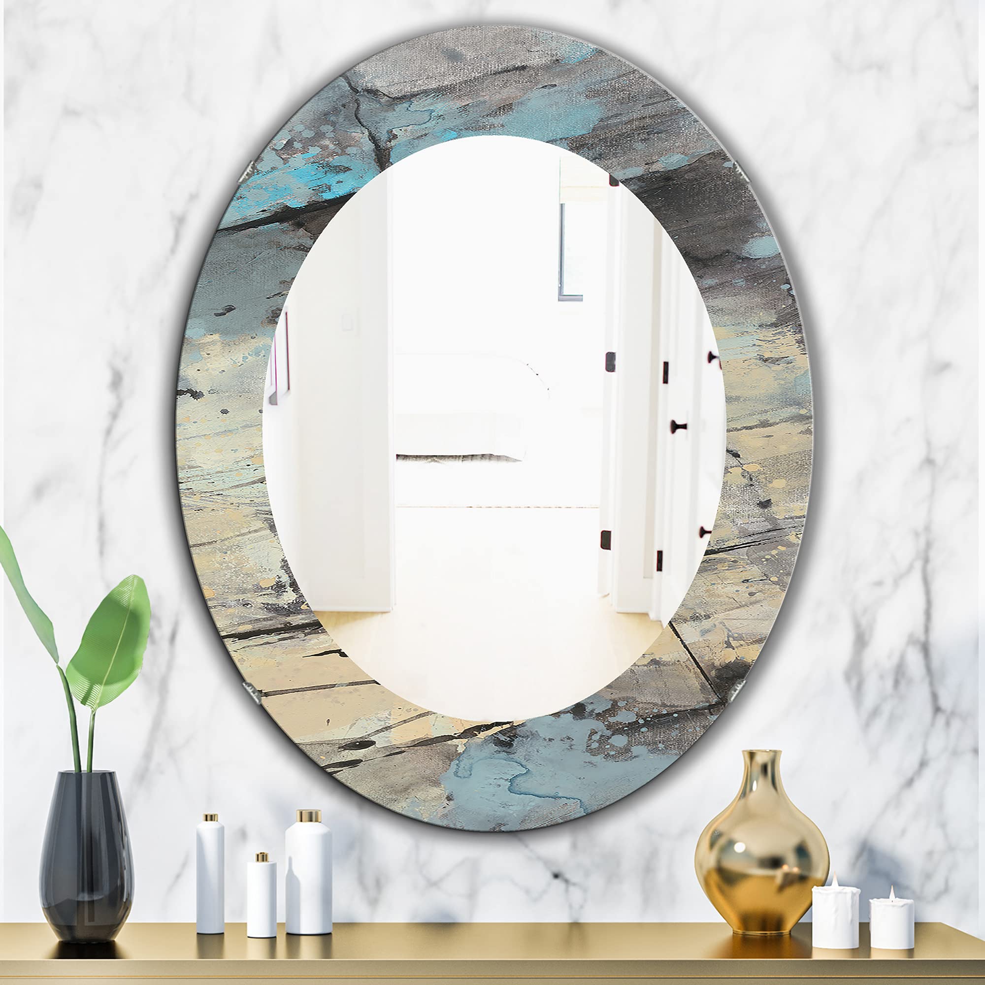 Designart 'Rock Teal Panel II' Modern Framed Wall Mirror - Large 24x32 Inch Oval/Round Decorative Mirror in Beige - Perfect for Living Room, Bedroom & Entryway Decor