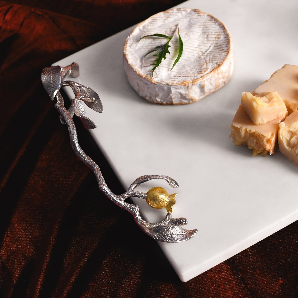 Elegant Pomegranate Silver & Gold Cheese Board Set with Spreader - Perfect for Wine Parties, Charcuterie Platters & Holiday Entertaining