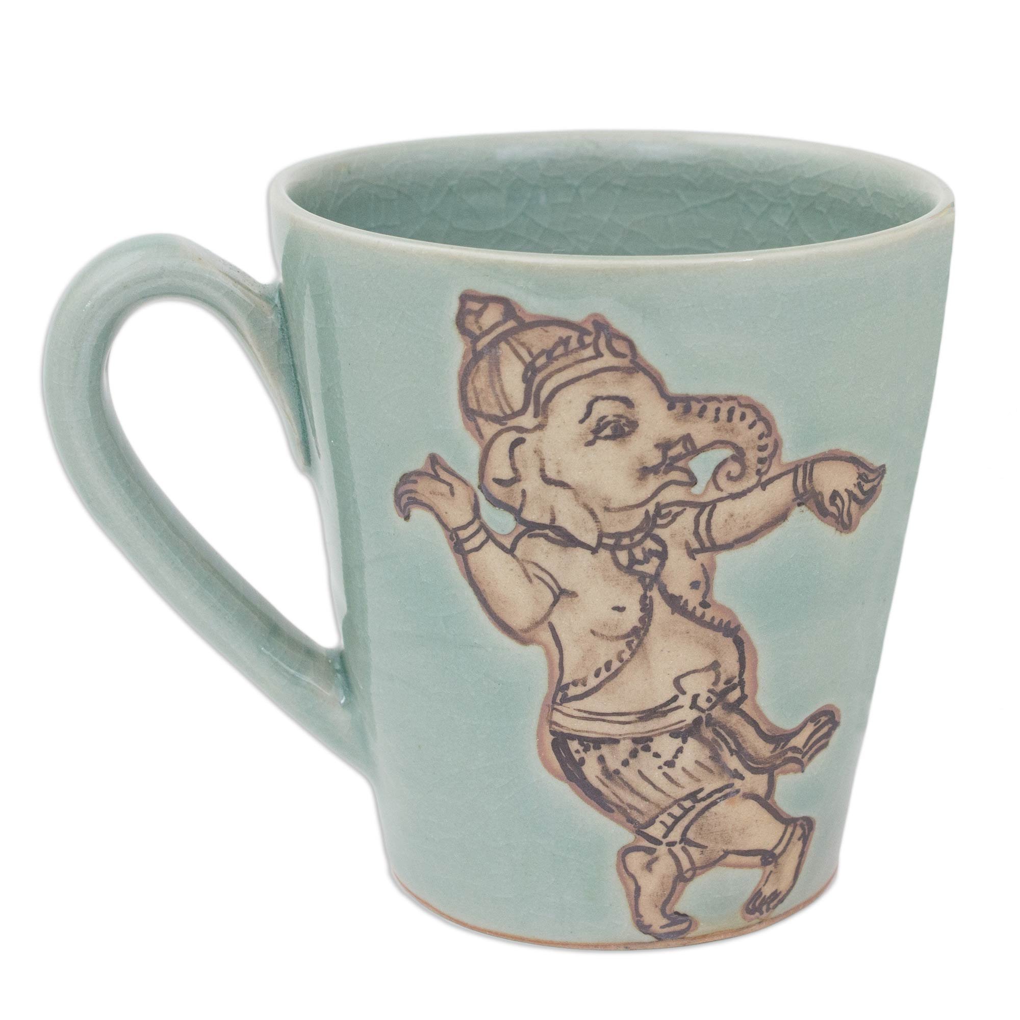 NOVICA Handmade Whimsical Ganesha Celadon Ceramic Coffee Mug - Perfect for Tea, Coffee & Home Decor Gift