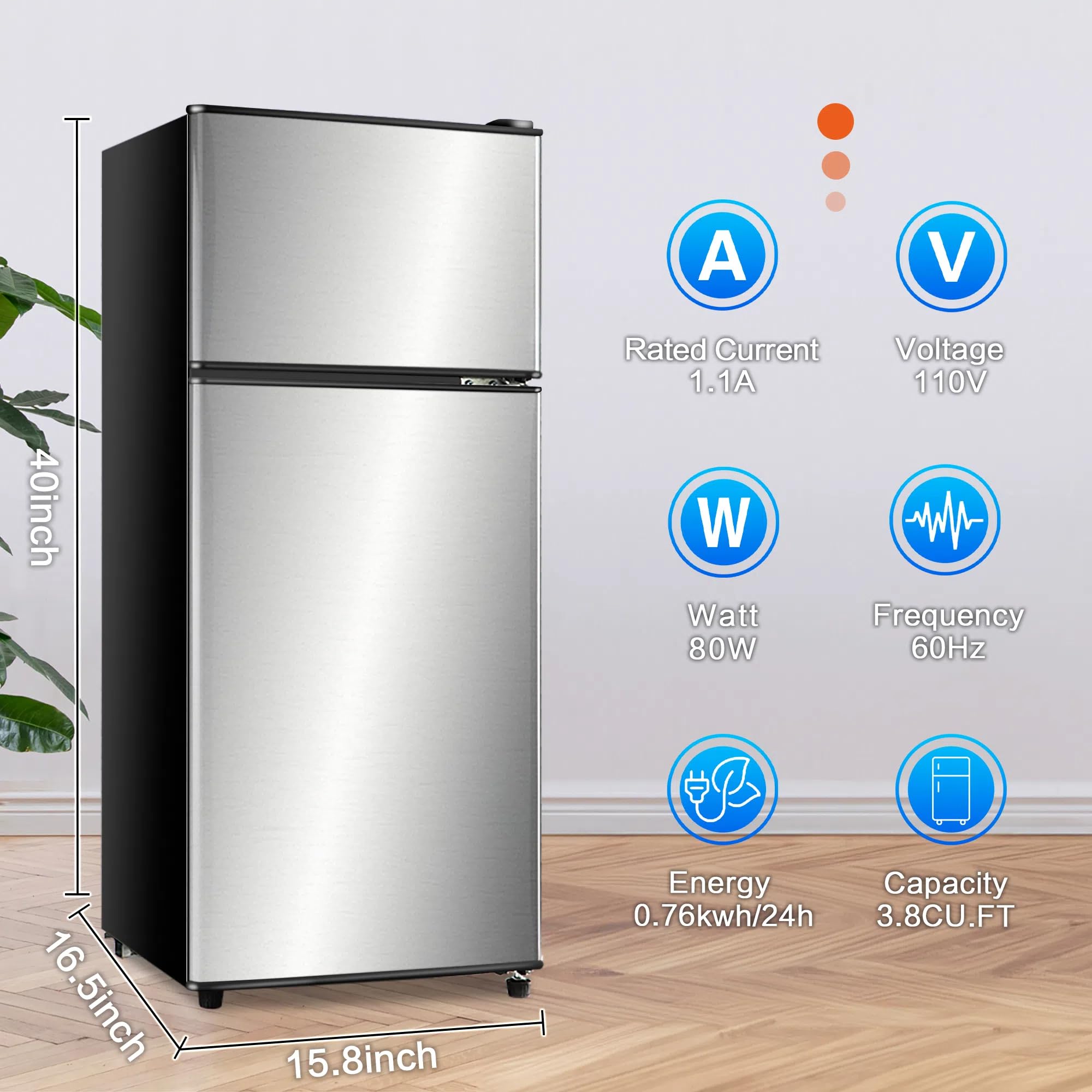 Anukis 3.8 Cu Ft Compact Refrigerator with Freezer - 2 Door Mini Fridge for Small Spaces, Dorm Room, Office, Bedroom, Basement & Garage - Energy Efficient Silver Appliance - Perfect for Beverages, Snacks & Meal Prep Storage