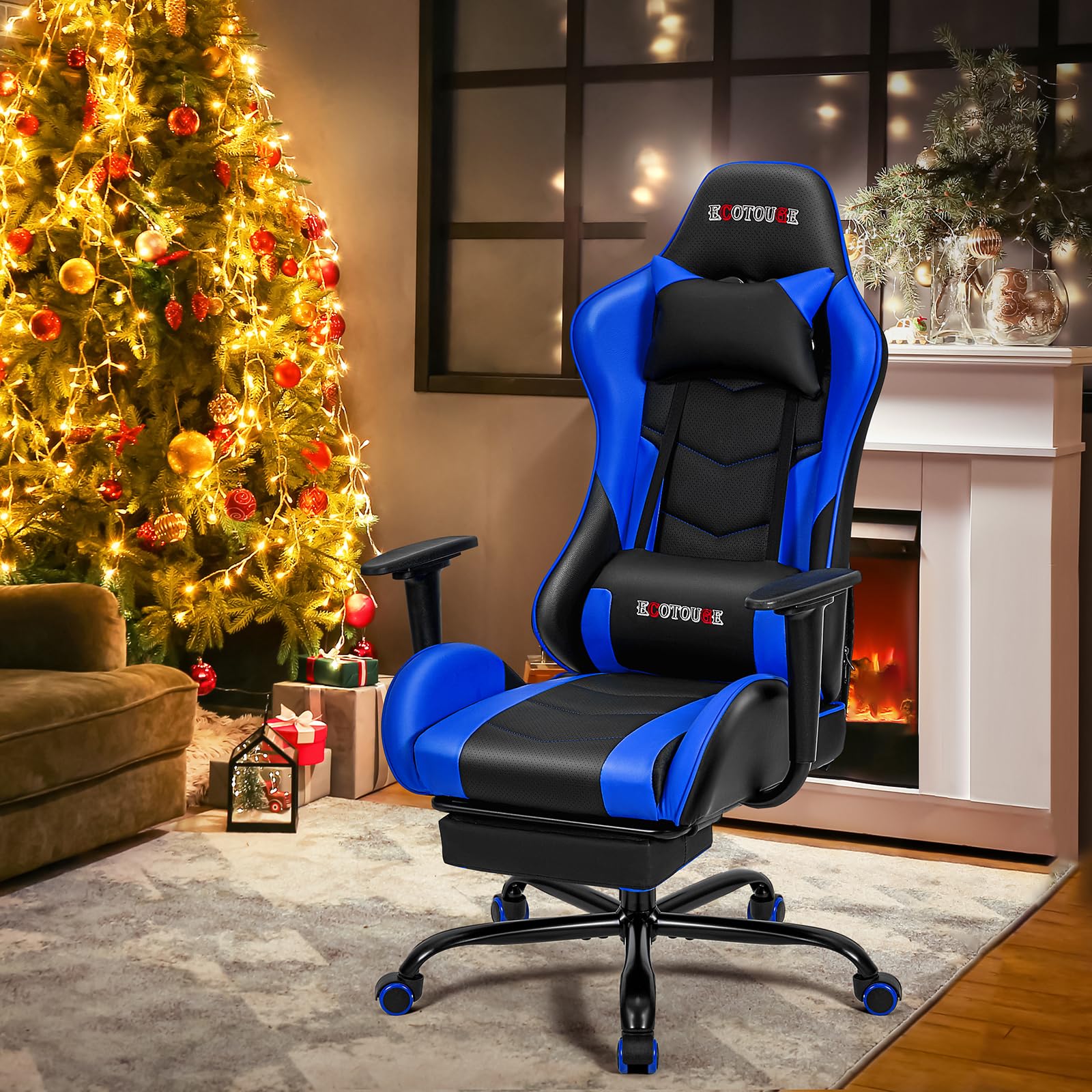 ECOTOUGE Ergonomic PC Massage Gaming Chair with Adjustable Footrest - Racing Style PU Leather Office Desk Chair with Headrest & Lumbar Support - Recliner Swivel Rocker for Home/Office/Gaming (Blue)