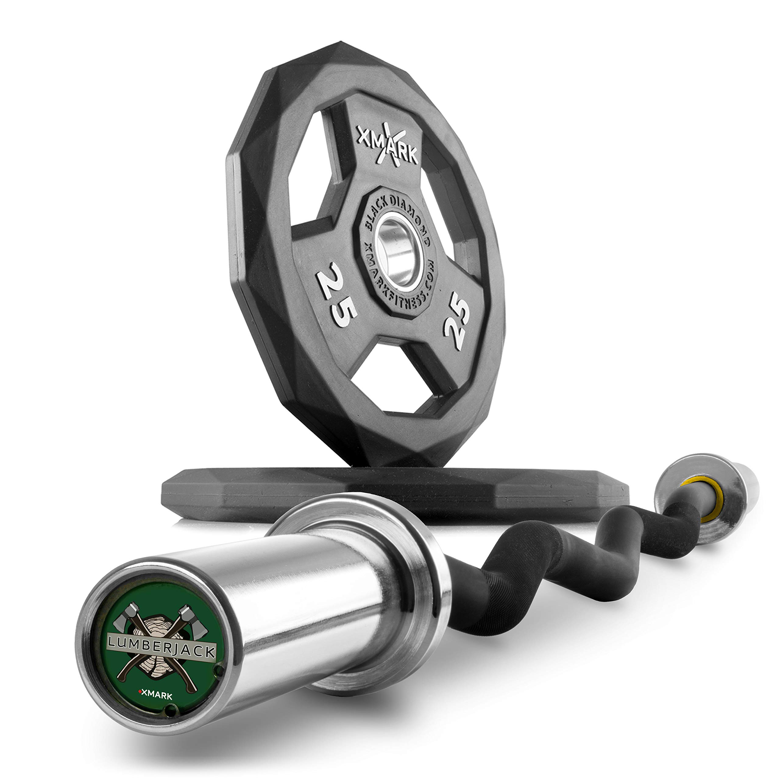 XMark Olympic Barbell & EZ Curl Bar Set with Rubber Coated Black Diamond Weight Plates - Premium 25mm Black Manganese Strength Training Equipment for Home Gym & CrossFit Workouts