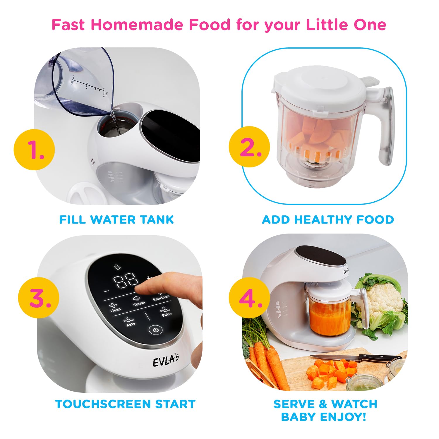 EVLA'S Baby Food Maker & Steamer Blender - 6-in-1 Baby Food Processor for Healthy Homemade Purees in Minutes | Touch Screen Control with 6 Reusable Food Pouches | Perfect Baby Shower Gift & Registry Essential | Ideal for Making Organic Baby Food at Home (White)