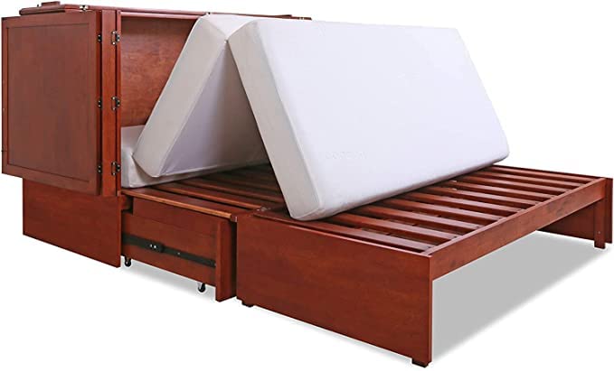 Emurphybed Daily Delight Murphy Cabinet Chest Bed with USB Charging Station - 8 Inch Queen Size Wall Bed in Cherry Finish - Space Saving Solution for Small Apartments, Guest Rooms & Home Offices
