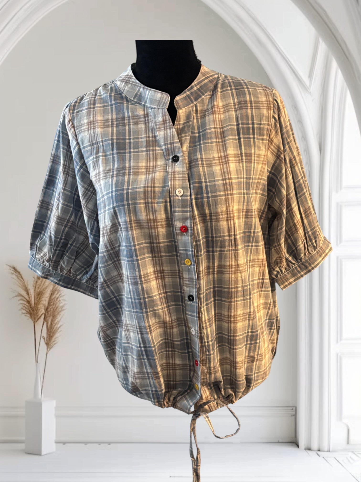 Women's Plaid Short Sleeve Cotton Shirt - Summer Casual Half Sleeve Drawstring Top for Outdoor Activities, Beach Wear & Everyday Fashion