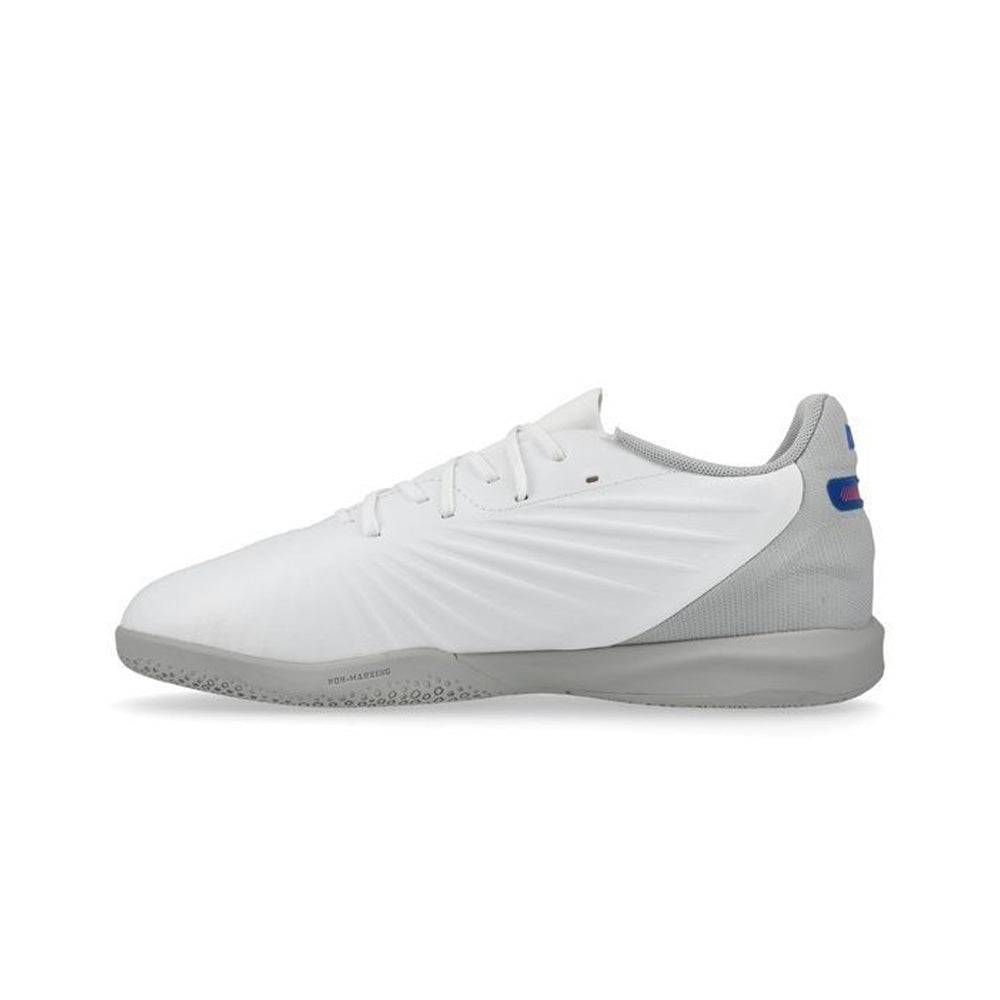 Puma King Match IT Junior Indoor Soccer Shoes for Kids - White/Bluemazing/Light Grey | Perfect for Indoor Football Training & Games