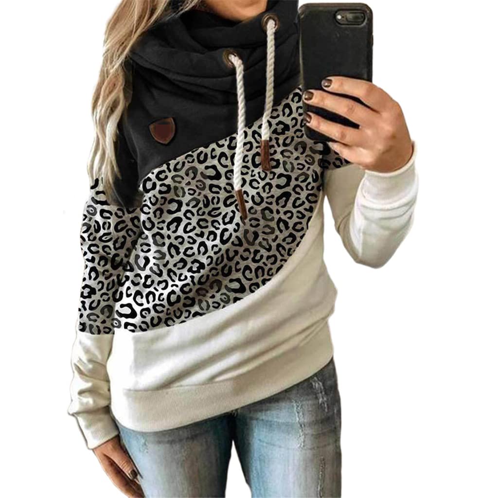 Women's Casual Long Sleeve Color Block Funnel Neck Double Hooded Leopard Camo Print Pullover Sweatshirt | Cozy Fall Winter Fashion for Streetwear & Lounge Wear