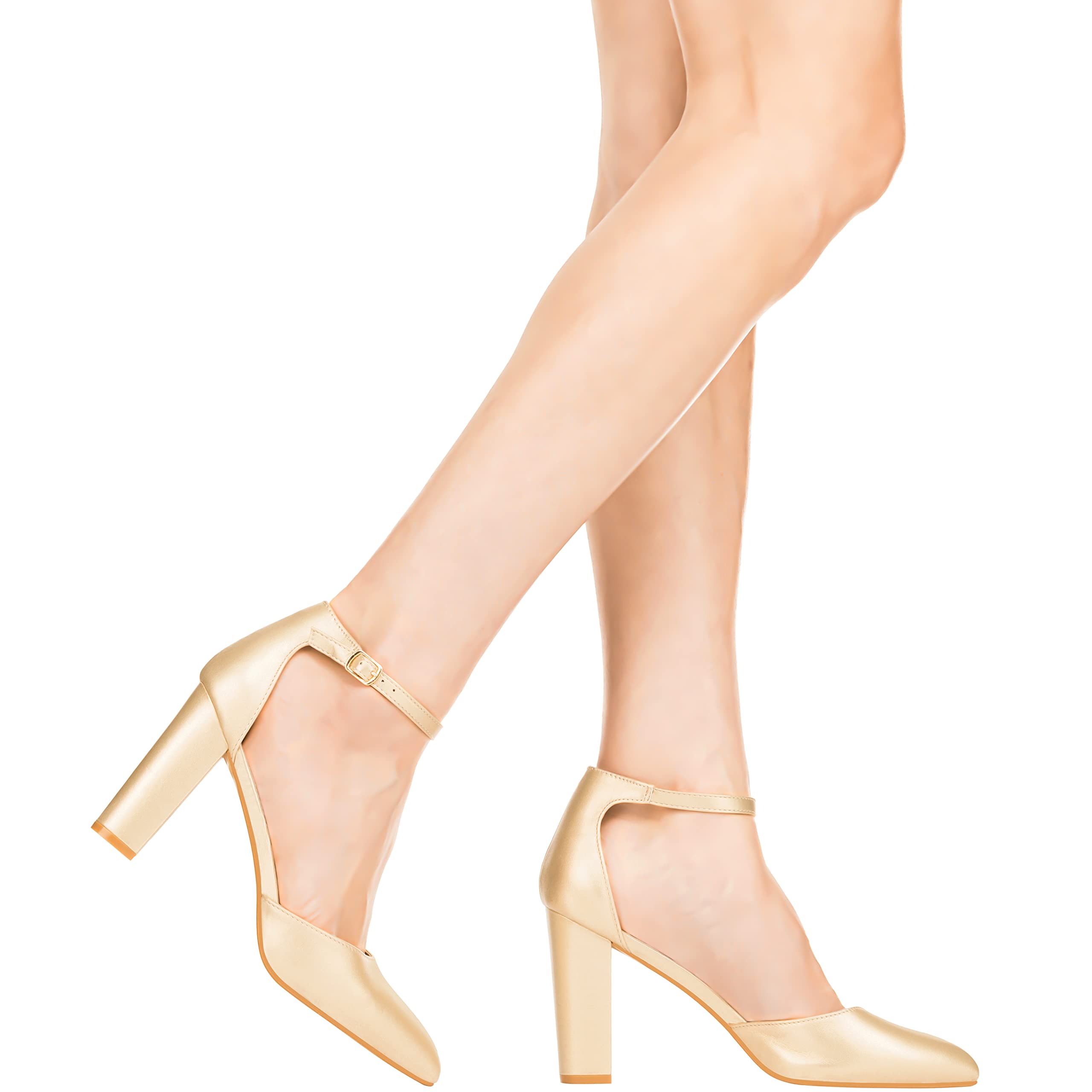 ILLUDE Women's High Block Heel Pumps - Pointed Toe Ankle Strap Dress Shoes for Work, Party & Special Occasions