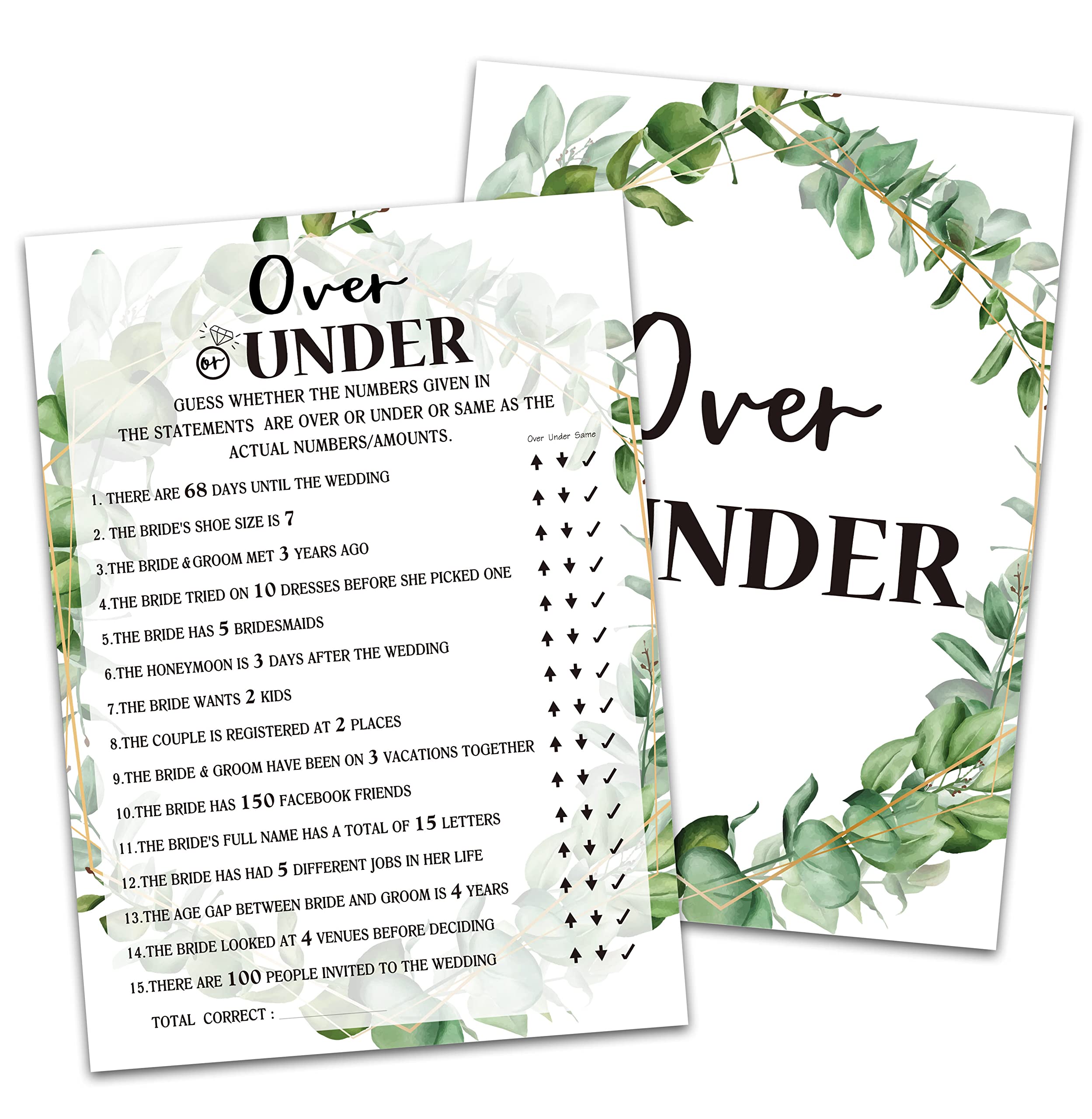 Tropical Jungle Theme Bridal Shower Game Cards - Over or Under Wedding Party Game Set of 30 Cards (Leaf009) - Perfect for Engagement Parties, Bachelorette Events & Wedding Showers