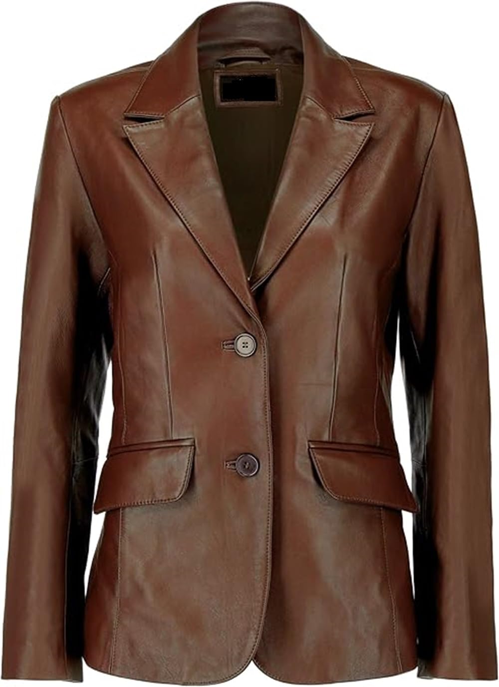 Women's Two Button Genuine Leather Blazer Jacket - Long Sleeve Casual Suit-Style Coat for Office & Business Wear (Large, Brown) - Perfect for Work, Meetings & Formal Events