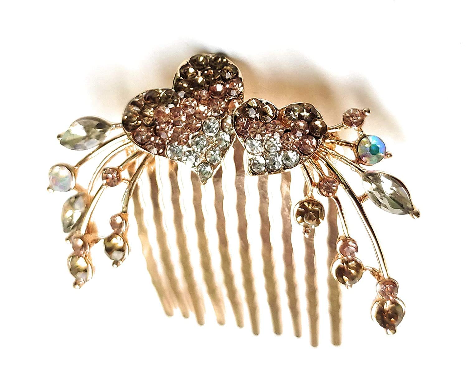 Elegant Rose Gold & Golden Mixed Crystal Double Heart Wedding Tiara Headpiece – Bridal Hair Side Comb for Women, Girls & Teens – Perfect for Weddings, Prom, Parties & Special Occasions (Pack of 1)