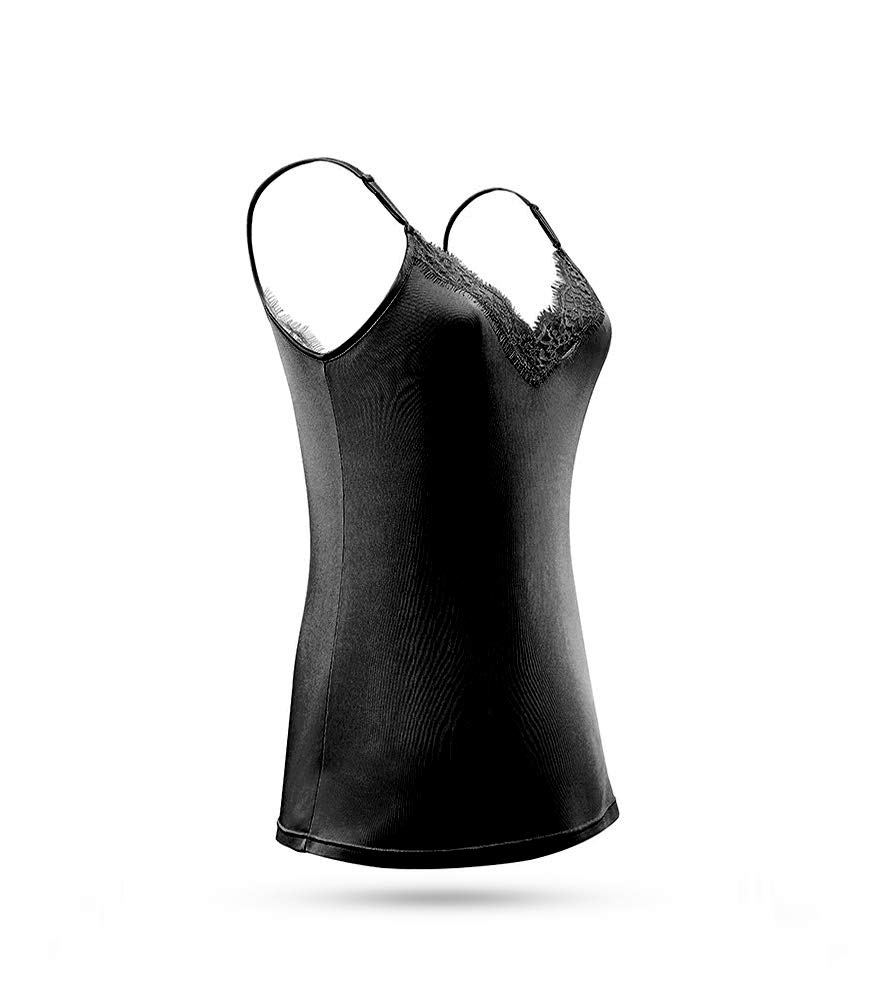 SilRiver Women's Silk Camisole - Deep V-Neck Lace Trim Tank Top - Soft Breathable Undershirt for Layering, Sleepwear & Summer Outfits