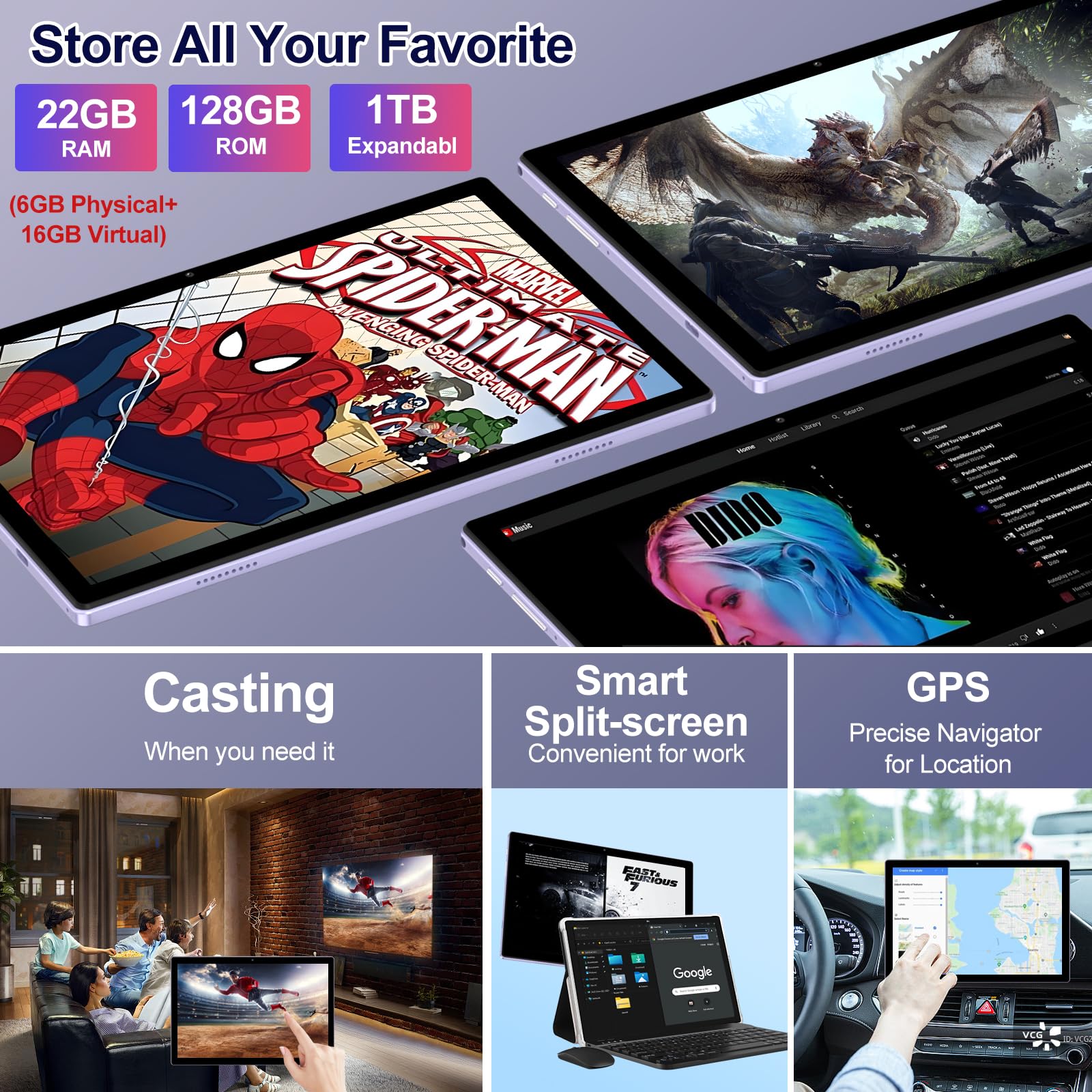2025 Android 14 Tablet 10.1 Inch - 22GB RAM 128GB ROM (1TB Expandable) with Keyboard & Mouse - Octa-Core Processor, 8000mAh Battery, HD IPS Display, 5G WiFi, Bluetooth 5.0, GPS, Widevine L1 - Metal Purple | Perfect for Work, Study, Streaming & Gaming