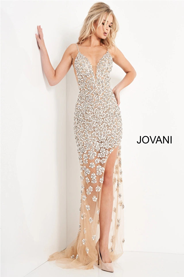 Jovani 02492 Brielle Nude Beaded High Slit Evening Gown - Elegant Formal Dress for Prom, Red Carpet & Special Occasions