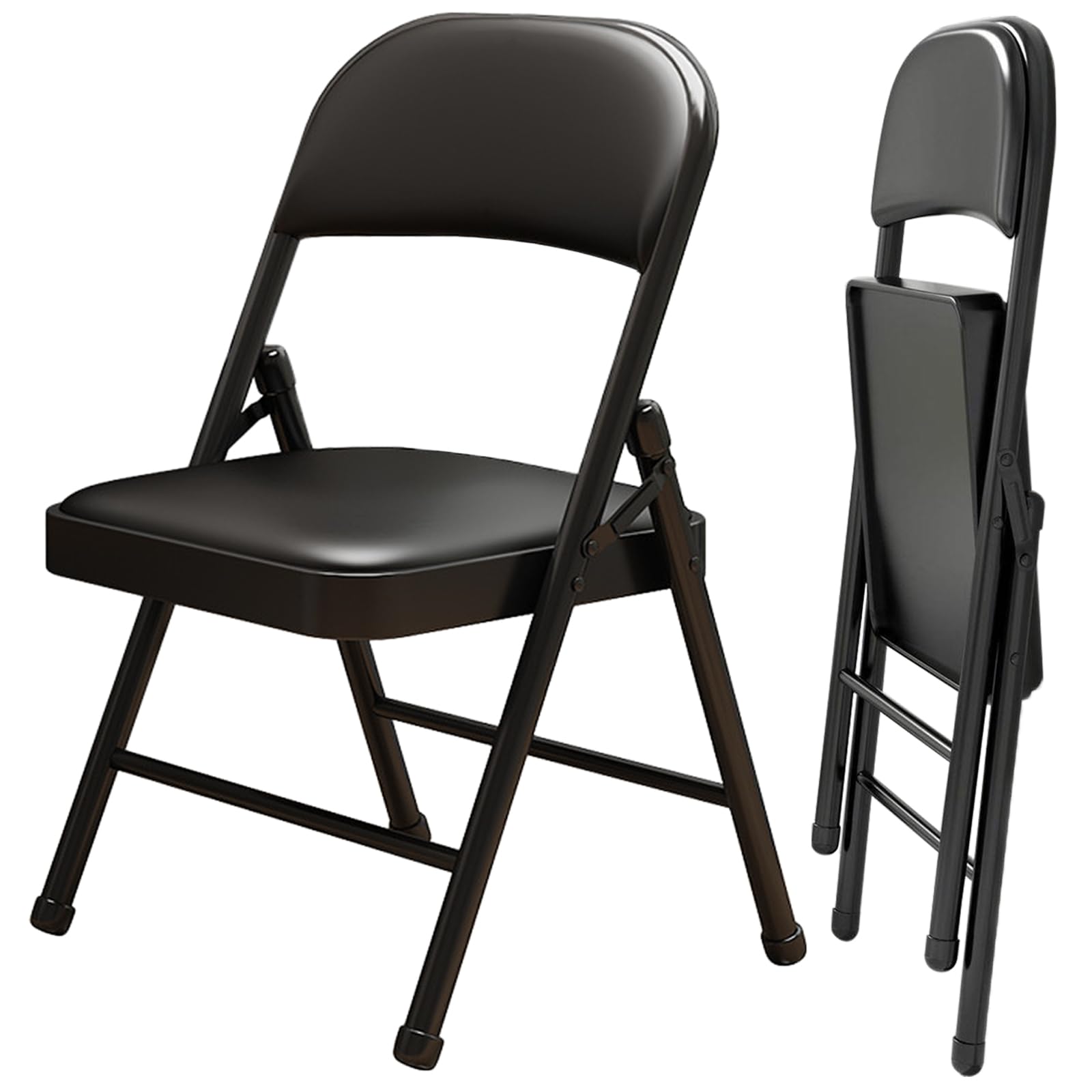 2 Pack Black Folding Chairs with Leather Padded Seat & Back - Heavy Duty Metal Frame, Stackable Indoor Outdoor Chairs for Office, Wedding, Party, Dining, Camping & Picnic - Commercial Grade Guest Chairs for Events & Home Use