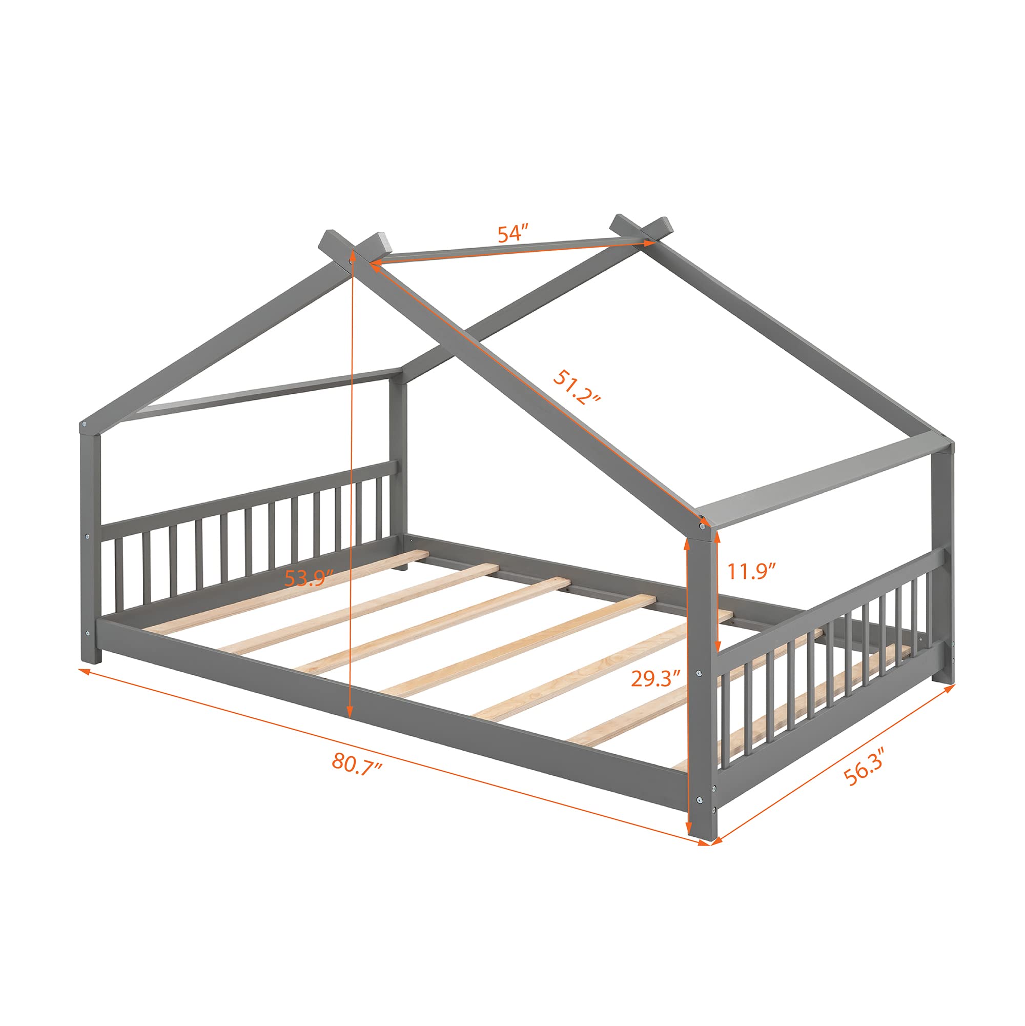Full Size House Bed for Kids - Wooden Bed Frame with Headboard & Footboard, No Box Spring Needed - Perfect for Girls & Boys Bedroom Furniture (Grey) - Ideal for Playrooms, Kids' Bedrooms & Cozy Sleepovers