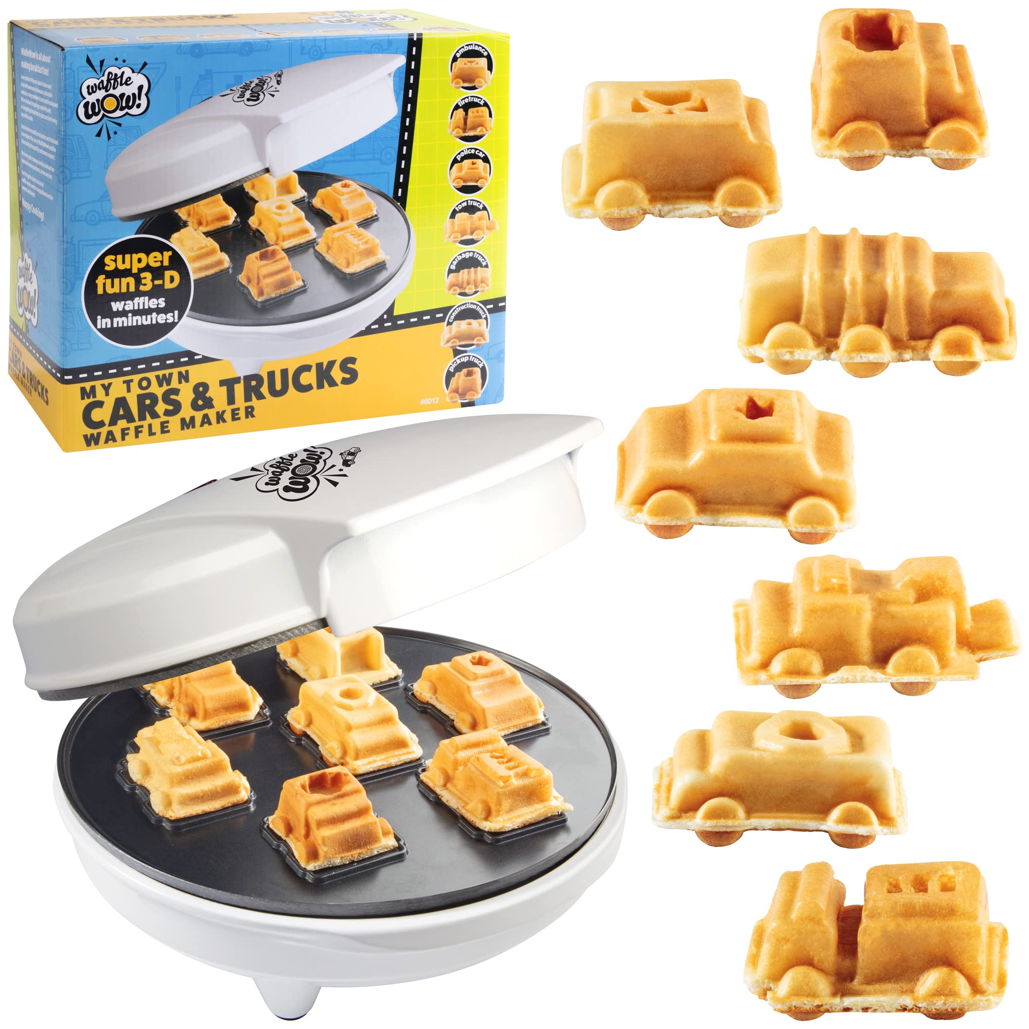 Mini Waffle Maker for Cars & Trucks - Create 7 Fun Vehicle-Shaped Pancakes (Police Car, Fire Truck, Construction Truck) - Electric Non-Stick Iron with Free Recipe Guide - Perfect Kids Gift for Birthday Parties & Family Breakfast Fun