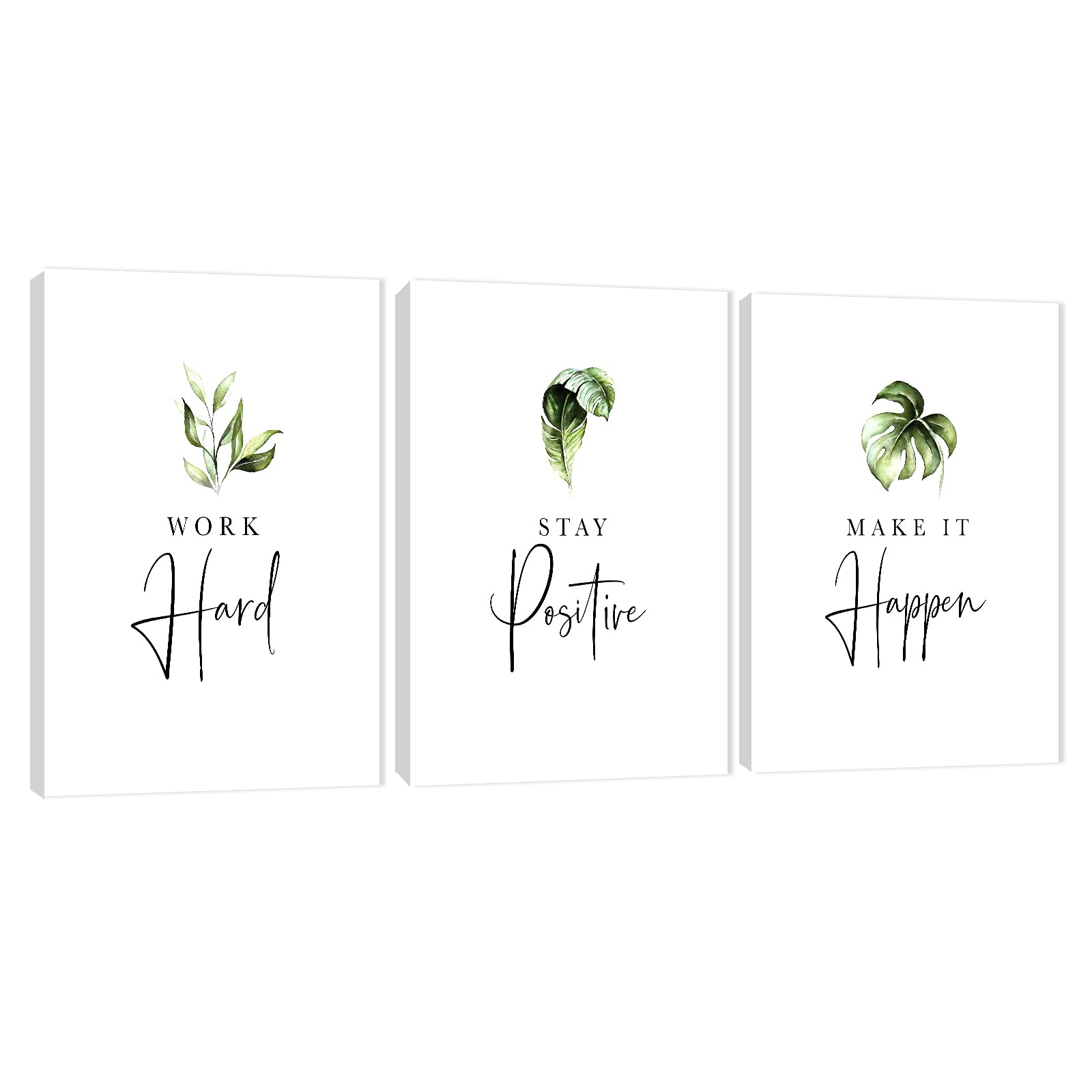 3-Panel Motivational Canvas Wall Art for Office & Home Decor - Inspirational Quotes Prints (Work Hard, Stay Positive, Make It Happen) - 20”x30” Framed Entrepreneur Artwork - Perfect for Home Office, Study Room & Workspace Motivation