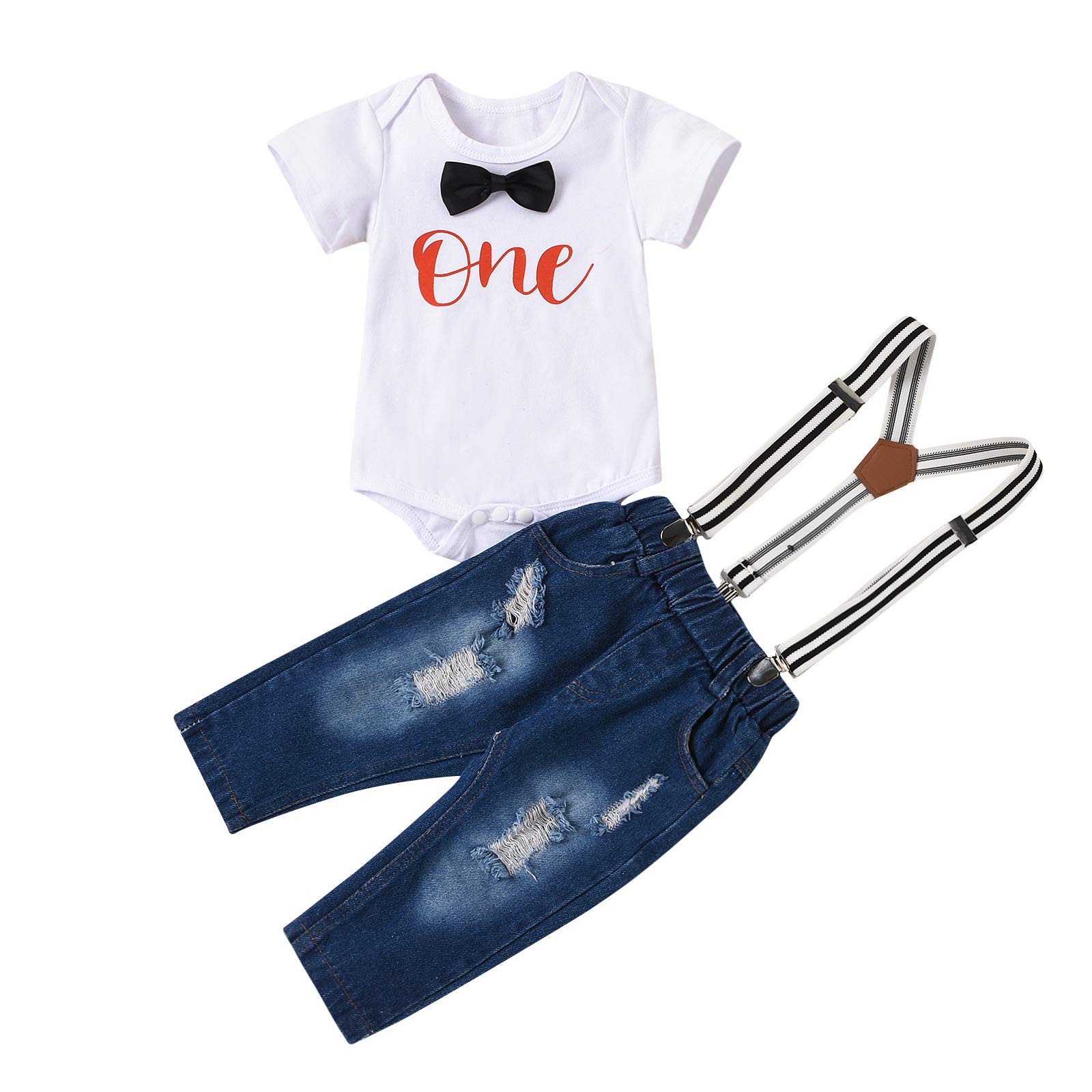 Newborn Baby Boy Outfit - Short Sleeve Bowtie Romper with Suspenders & Denim Pants | Summer Gentleman Style | Perfect for Photoshoots, Parties & Special Occasions