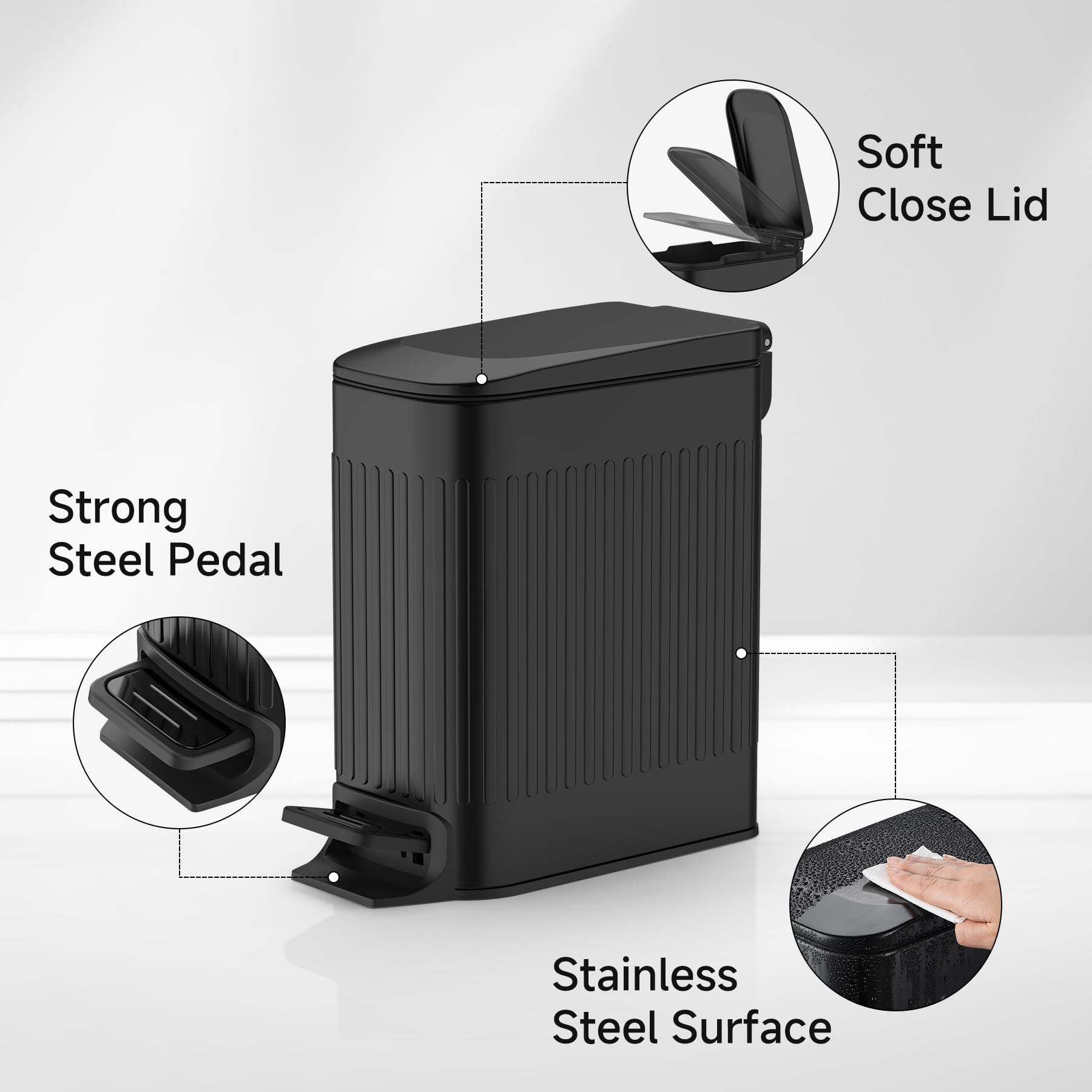 TIPGO Slim Stainless Steel Bathroom Trash Can with Soft Close Lid & Step Pedal - 6L/1.6 Gallon Small Garbage Bin for Bathroom, Bedroom, Office & Kitchen - Perfect for Tight Spaces & Modern Decor (Black)