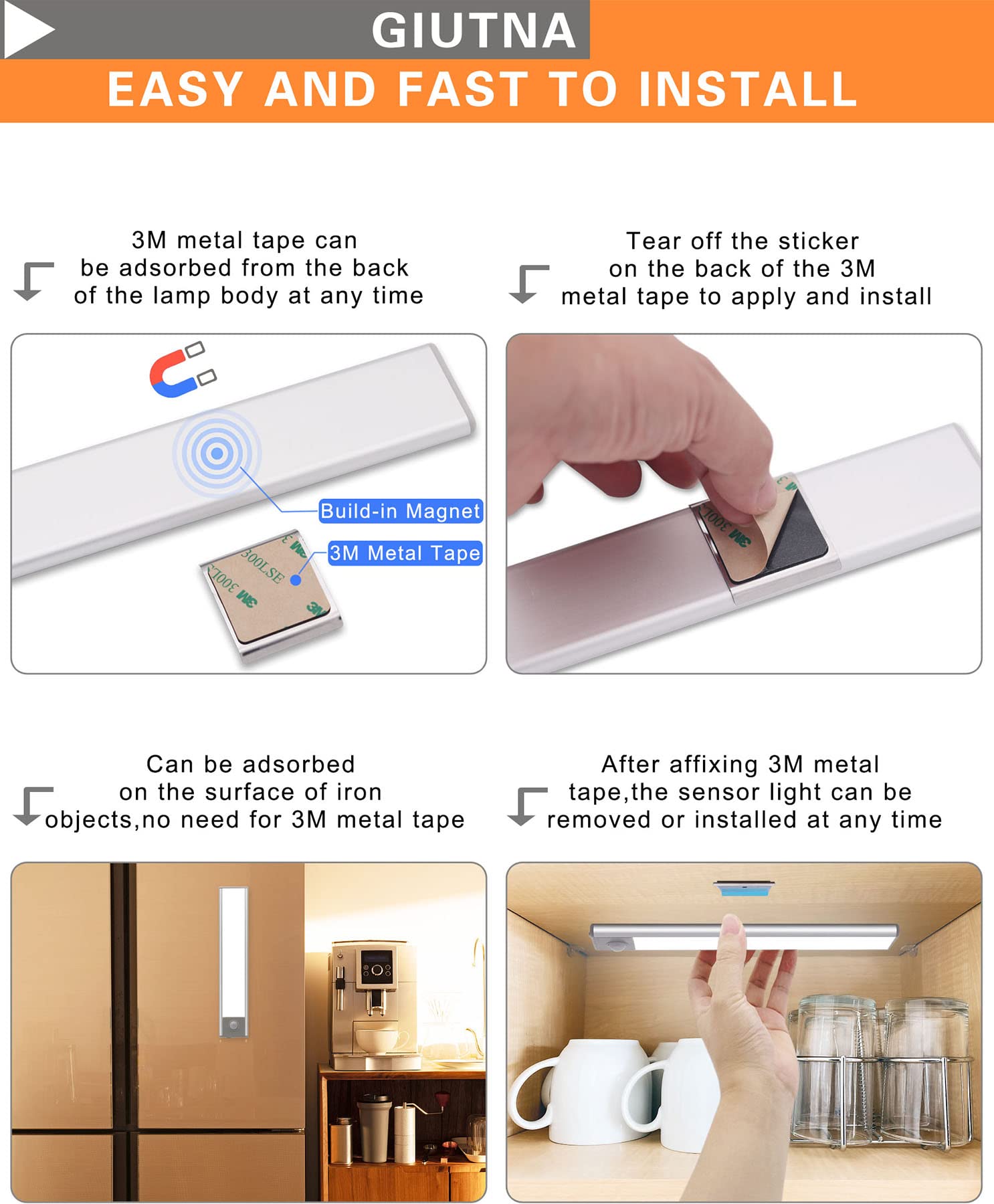 Rechargeable Motion Sensor LED Cabinet Light - Wireless USB Under Counter Closet Lighting, Magnetic Stick-On Night Light Bar for Wardrobe, Kitchen, Stairs (2 Pack, 12.01inch 51LED) - Perfect for Dark Spaces & Nighttime Safety