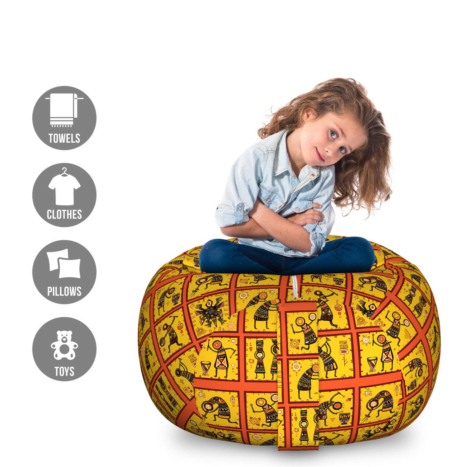 Ambesonne Orange Storage Toy Bag Chair - Aboriginal Native Culture Design, Large Washable Stuffed Animal Organizer for Kids Room, Coral Black Yellow | Perfect for Playroom Organization & Kids Bedroom Decor