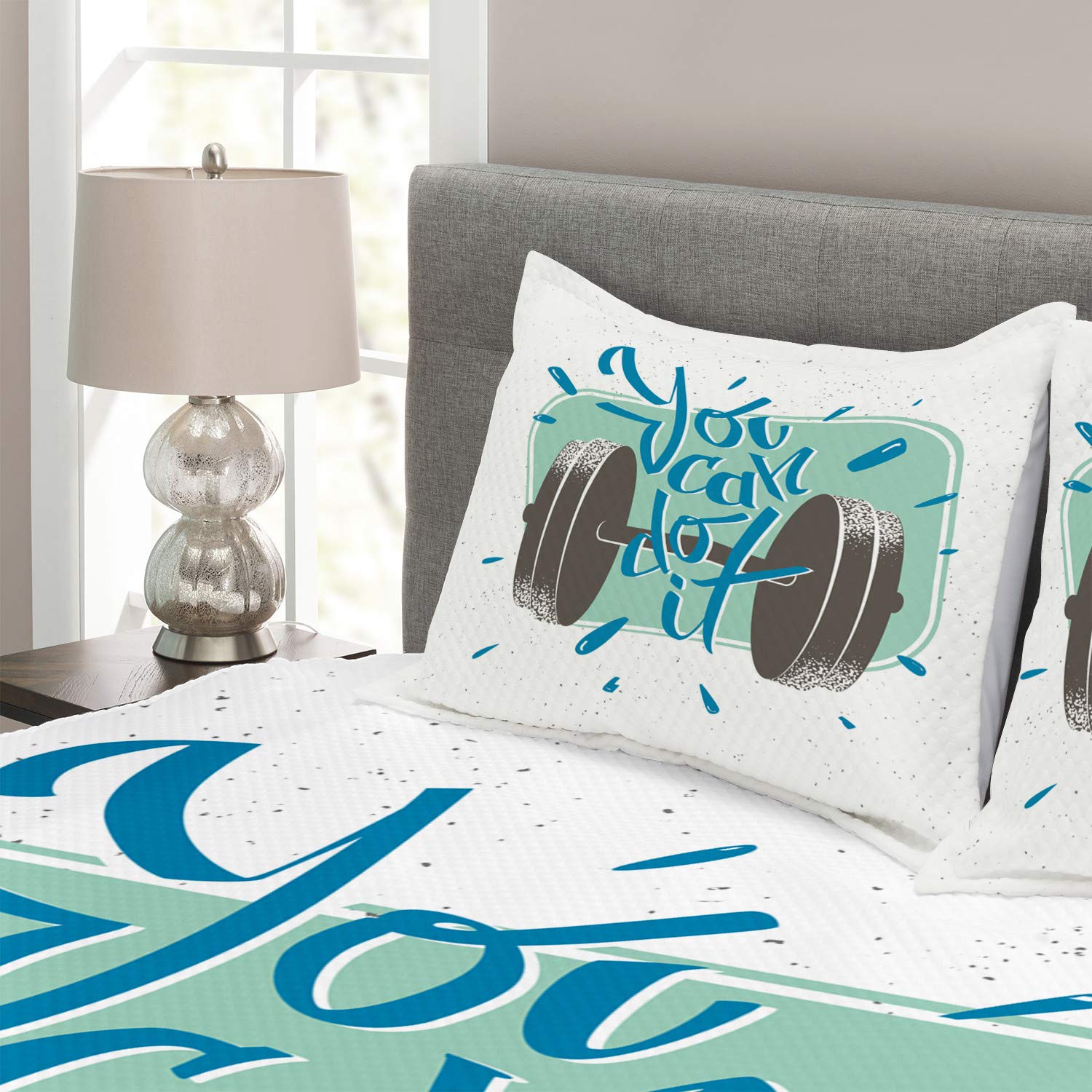Ambesonne Fitness Bedspread Set – Retro Dumbbell Design with 'You Can Do It' Motivational Phrase, 3-Piece Decorative Bedding Coverlet & 2 Pillow Shams, Queen Size, Grey Almond Green Blue – Perfect for Gym Lovers & Home Workout Spaces