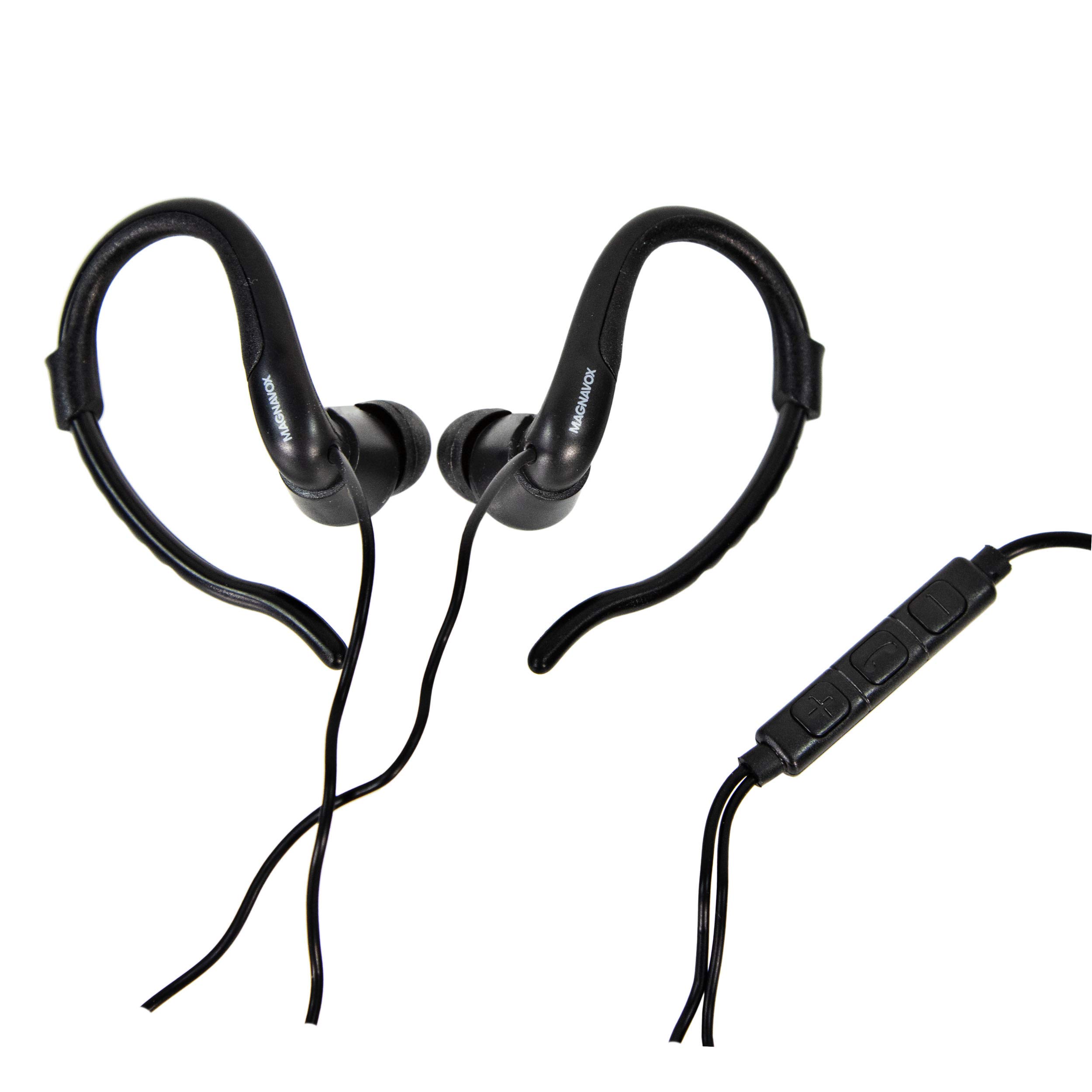 Magnavox MHP4855-BK Black Earhook Earbuds with Built-in Microphone | Comfortable Stereo Headphones with Oxygen-Free Copper Cable (OFC) | Perfect for Running, Gym Workouts & Hands-Free Calls