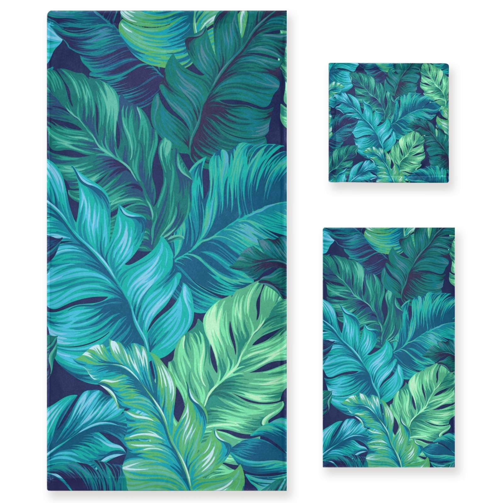 Turquoise Green Tropical Palm Leaf Bath Towel Set - 3 Piece Luxury Soft Absorbent Bathroom Towels (1 Bath Towel, 1 Hand Towel, 1 Washcloth) for Beach, Gym, Spa & Home Decor