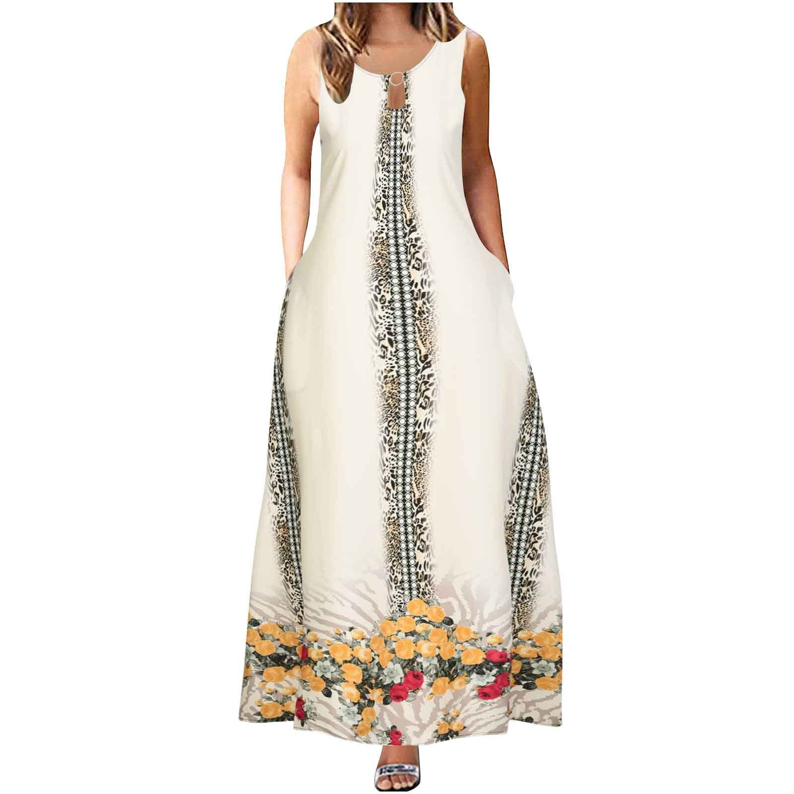 Women's Sundresses 2022 - Comfortable Sleeveless Round Neck Retro Swing Dress | Boho Summer Maxi Dress with Side Split & V-Neck | Perfect for Beach Vacations, Outdoor Parties & Casual Wear