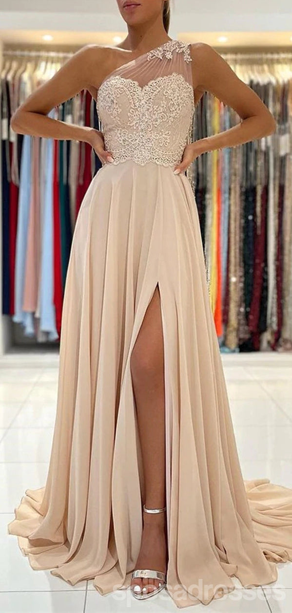Elegant Champagne A-Line One Shoulder High Slit Long Prom Dress for Women - Perfect for Homecoming, Formal Events & Evening Parties