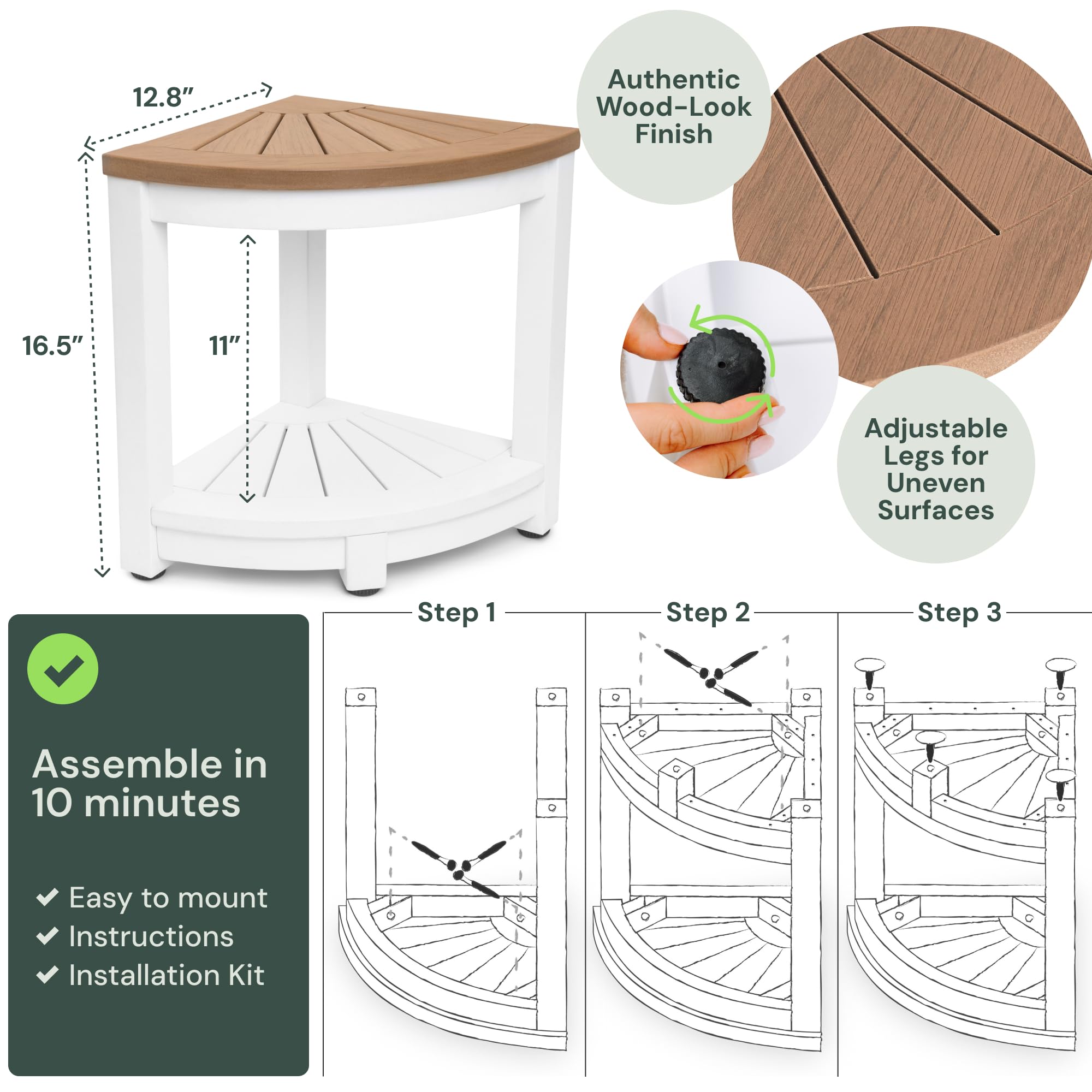 Waterproof Corner Shower Stool - White & Brown Shower Bench for Elderly & Disabled - Non-Slip Bath Seat with Storage Shelf - Easy Assembly Bathroom Organizer for Shaving Legs & Relaxing
