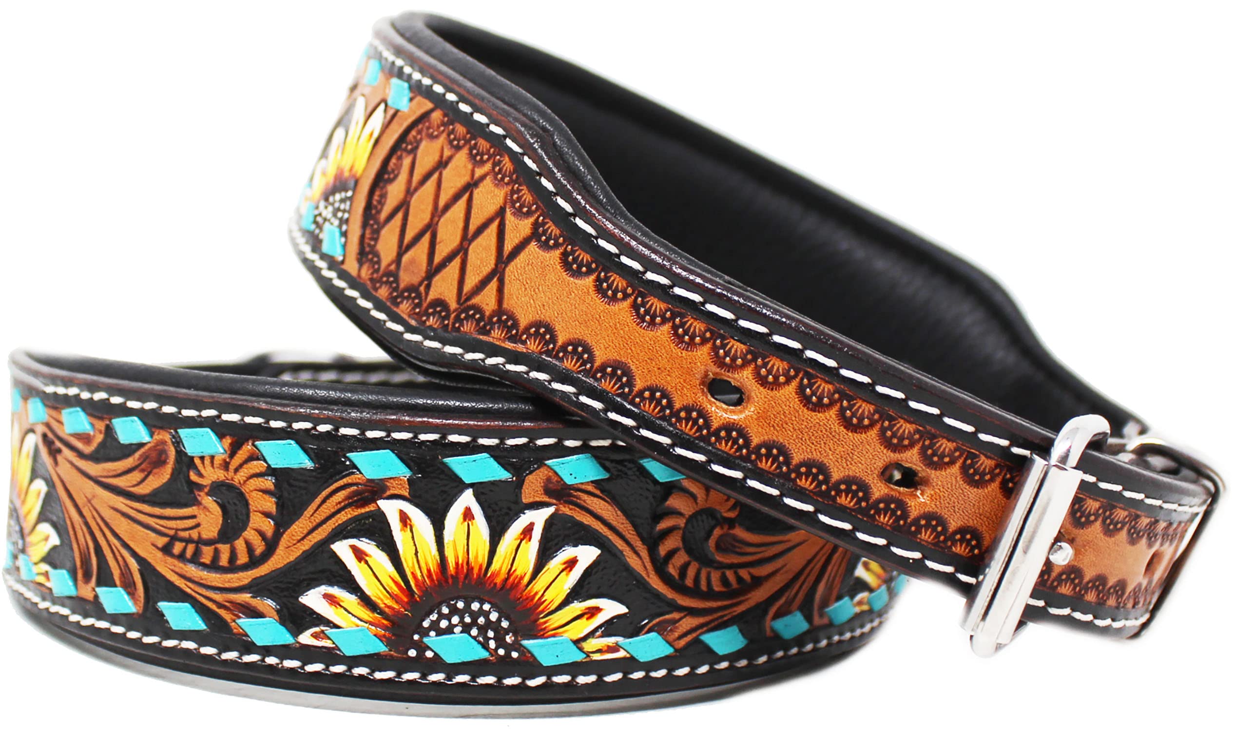 Sunflower Tooled Padded Leather Dog Collar for Small & Medium Dogs - Adjustable Pet Collar with Soft Padding for Comfort - Perfect for Daily Walks, Training & Outdoor Adventures