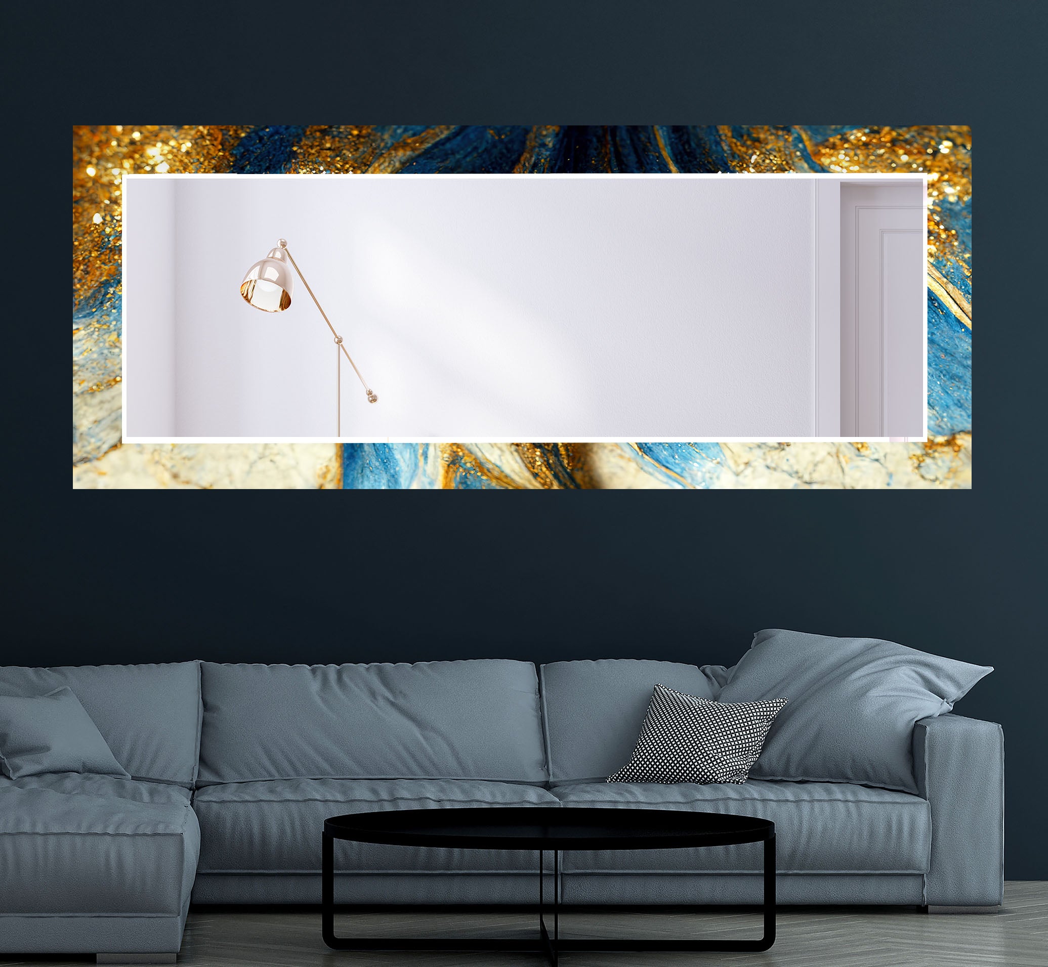 Blue & Gold Marble Glass Wall Mirror - Elegant Abstract Decor for Living Room, Bedroom & Entryway | Stylish Home Accent Piece for Modern Interiors