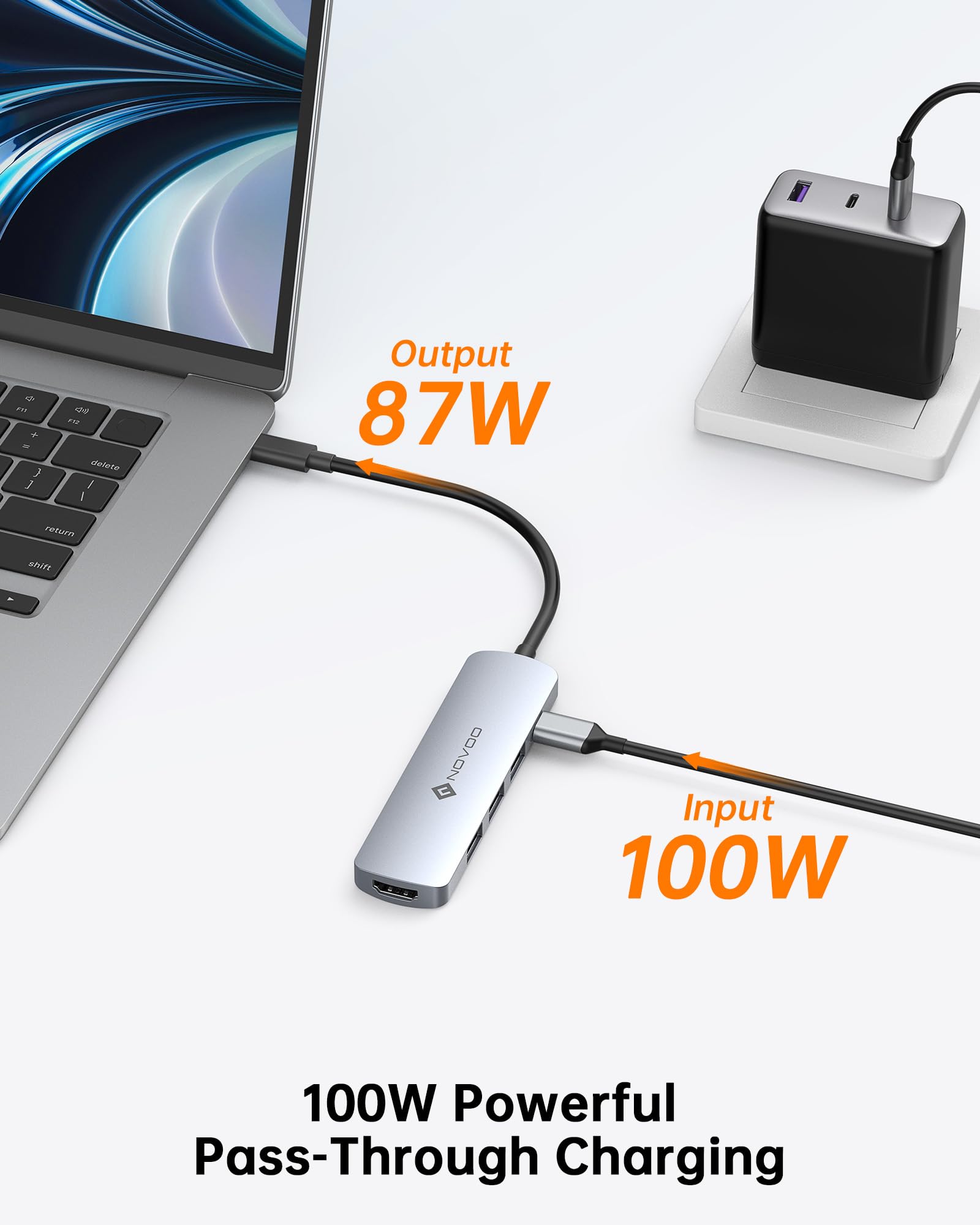 NOVOO 5-in-1 USB C Hub with 4K HDMI, 100W PD, 3 USB-A Ports - Multiport Adapter for MacBook Pro/Air, Dell XPS, Lenovo ThinkPad - Perfect for Home Office, Video Conferencing & Multi-Device Charging (Gray)