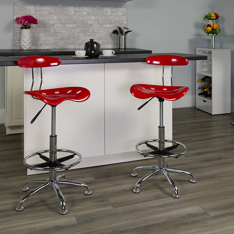 FLASH Bradley Vibrant Violet and Chrome Drafting Stool with Tractor Seat - Adjustable Height Bar Stool for Home Office, Art Studio & Industrial Workspaces