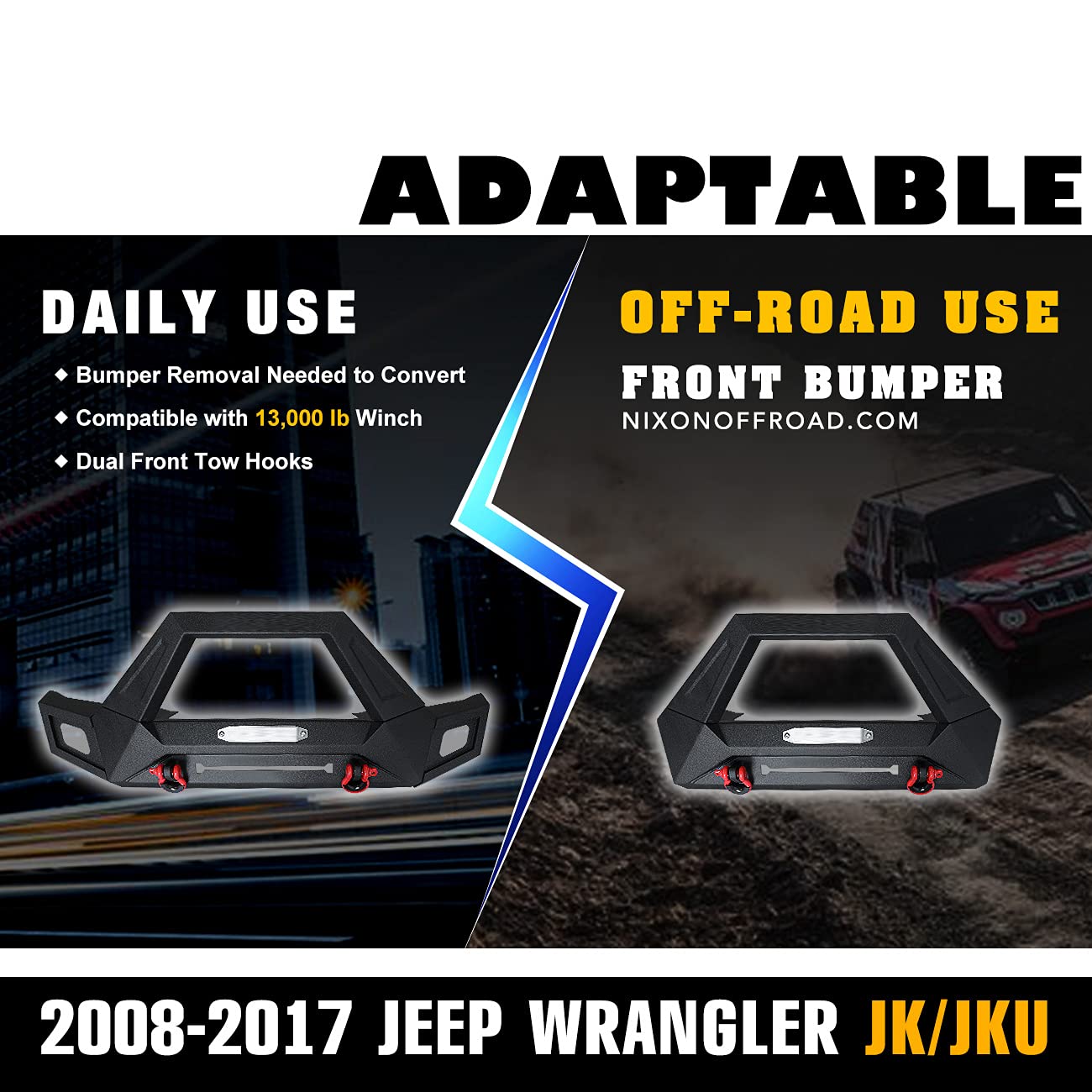 2008-2017 Jeep Wrangler JK/JKU Heavy Duty Front Bumper with LED Lights & Winch Plate - Textured Black Steel Replacement Bumper for Off-Roading, Rock Crawling & Adventure Driving