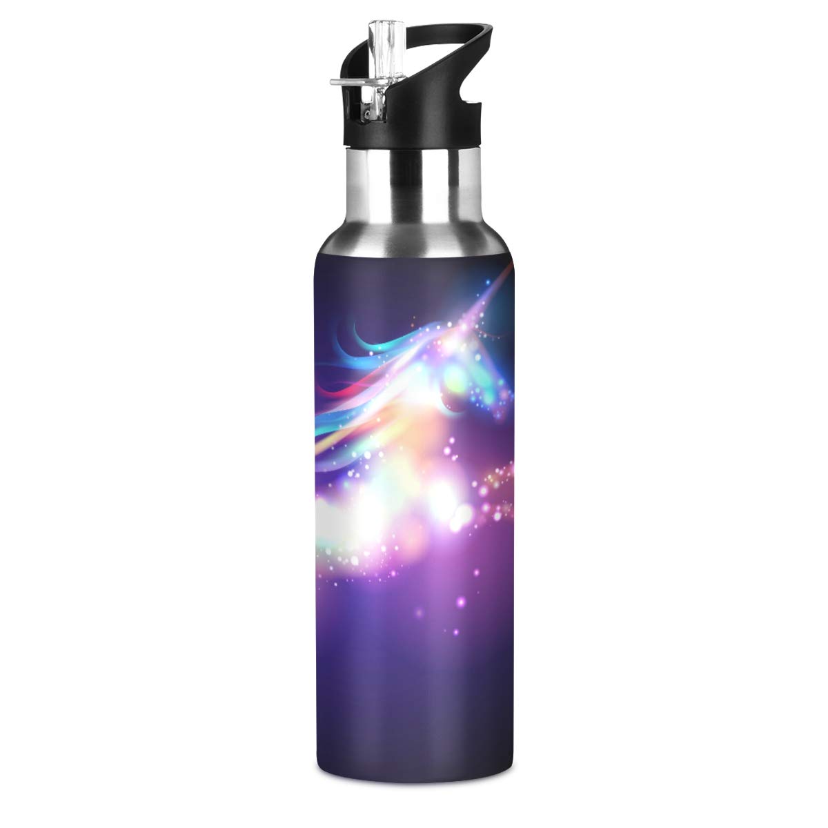 Qilmy 20 oz Stainless Steel Vacuum Insulated Water Bottle with Straw Lid - Leakproof Thermo Flask for Gym, Hiking & School - Unicorn Design Sport Bottle for Kids & Adults