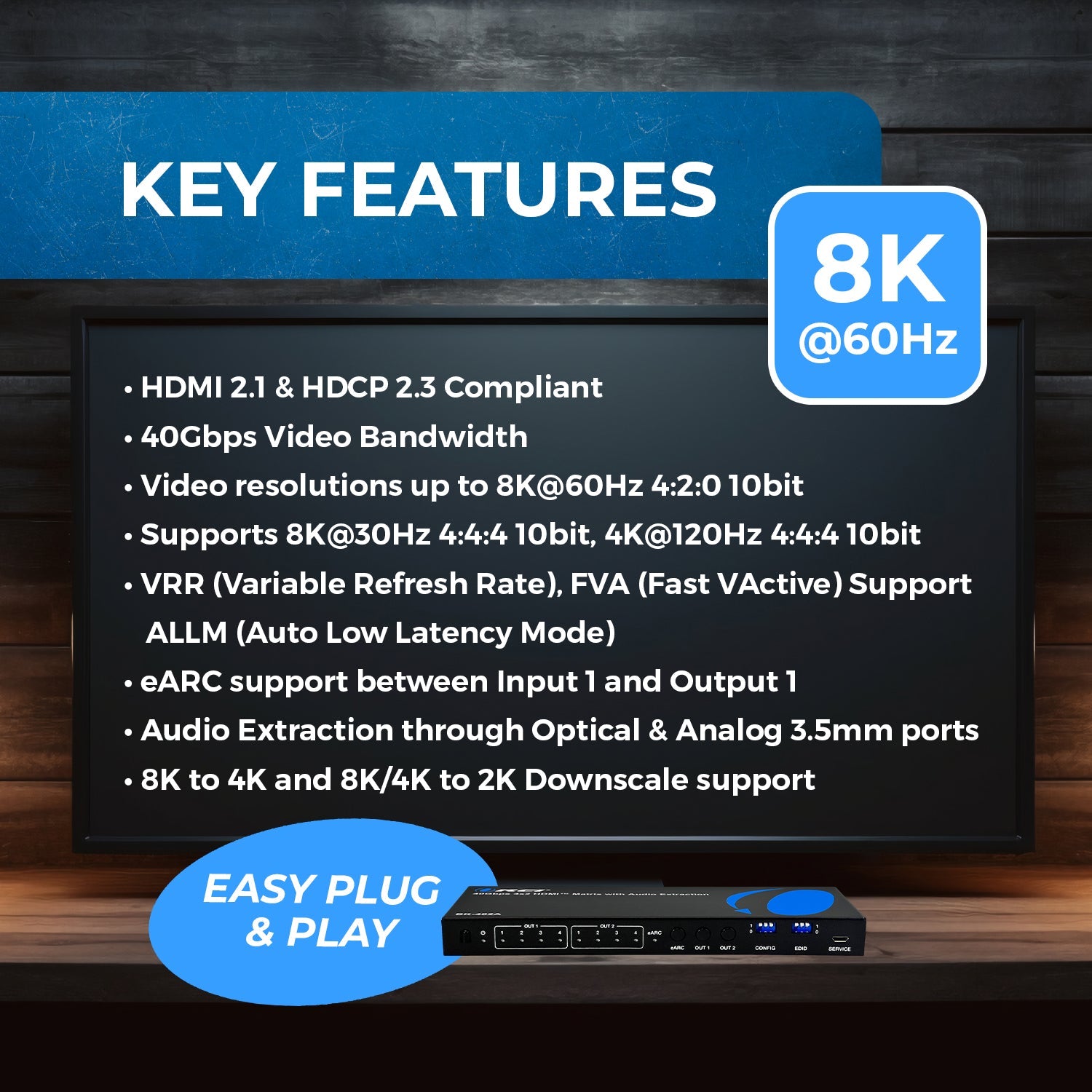 4x2 HDMI Matrix Switch with Audio Extractor - BK 402A for Home Theater & Multi-Room Audio System | Supports 4K@60Hz HDR, ARC, HDCP 2.2 | Perfect for Gaming, Conference Rooms & Entertainment Centers