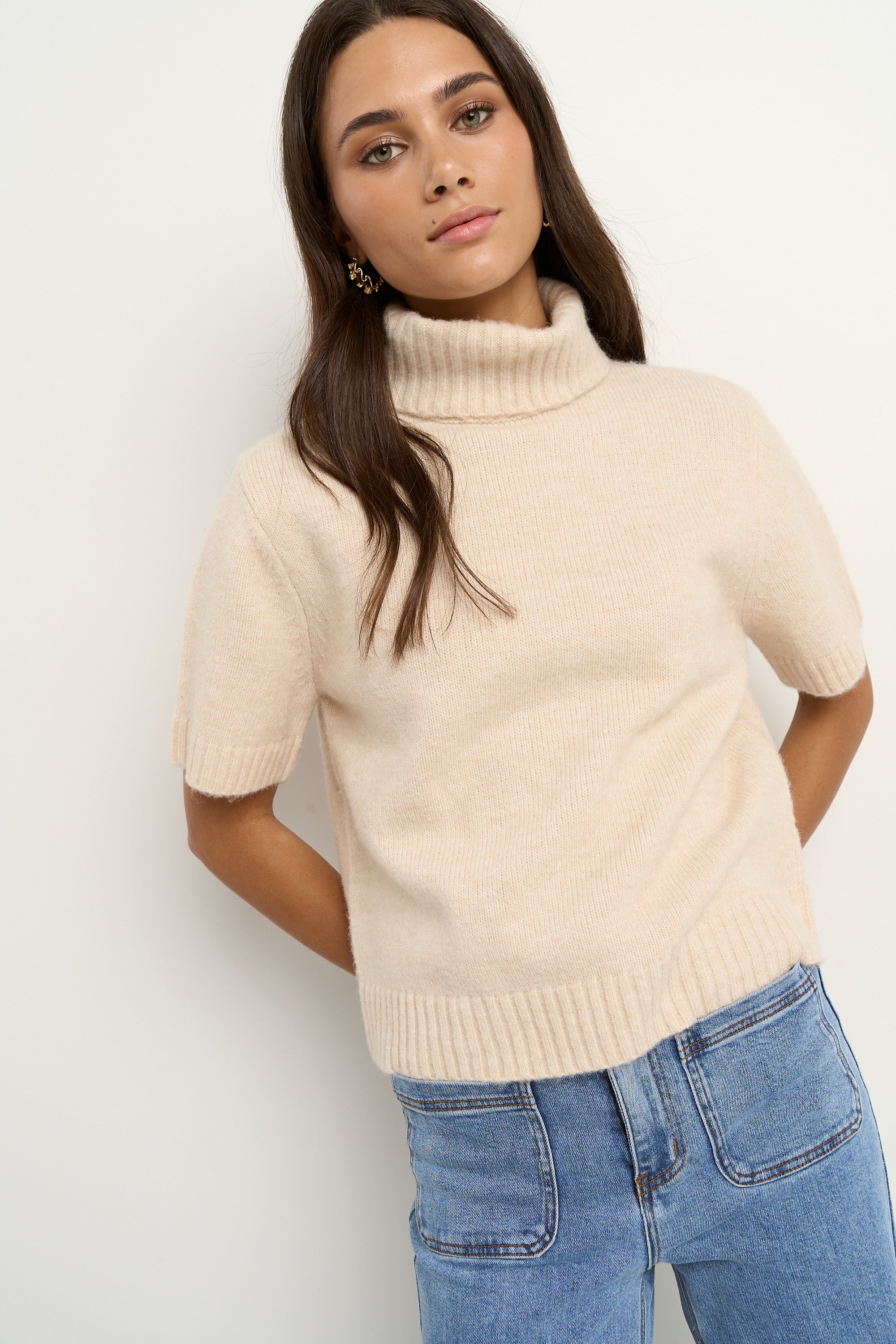 Pluto Ecru Roll Neck Soft Knit Tee - Women's Casual Turtleneck Top for Fall & Winter | Perfect for Office, Date Night and Layering