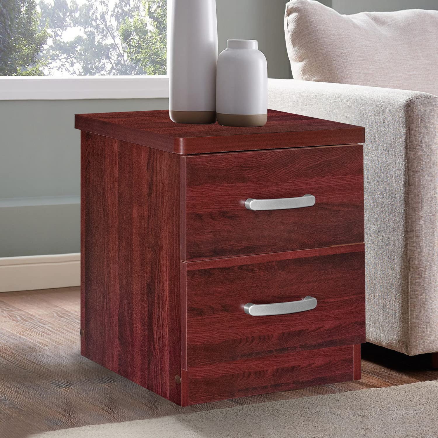 Better Home Products Cindy Faux Wood 2-Drawer Nightstand in Mahogany Finish - Bedside Table for Bedroom, Living Room, or Office Storage