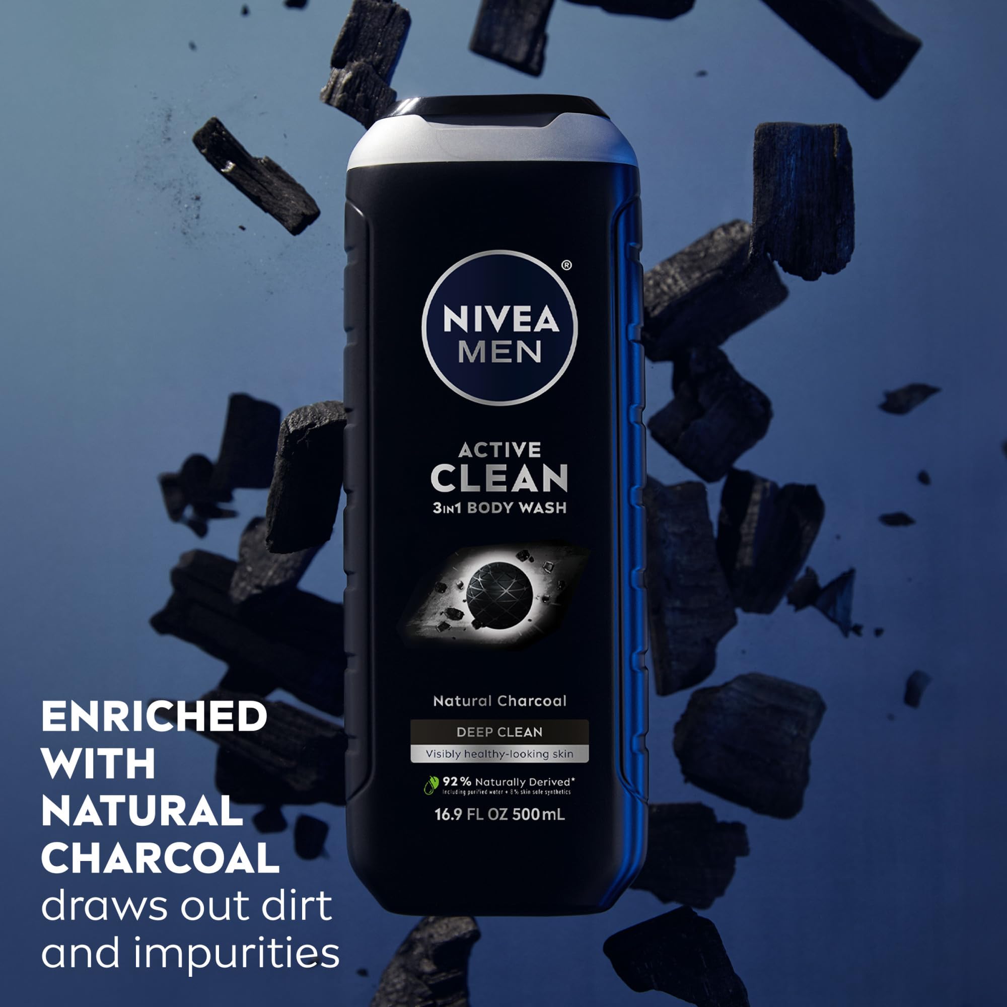 NIVEA MEN Active Clean 3-in-1 Charcoal Body Wash, Face & Hair Cleanser - Natural Charcoal for Normal to Oily Skin, Deep Cleansing to Remove Dirt & Impurities, 16.9 Fl Oz (Pack of 3) | Perfect for Gym, Travel & Daily Shower Routine