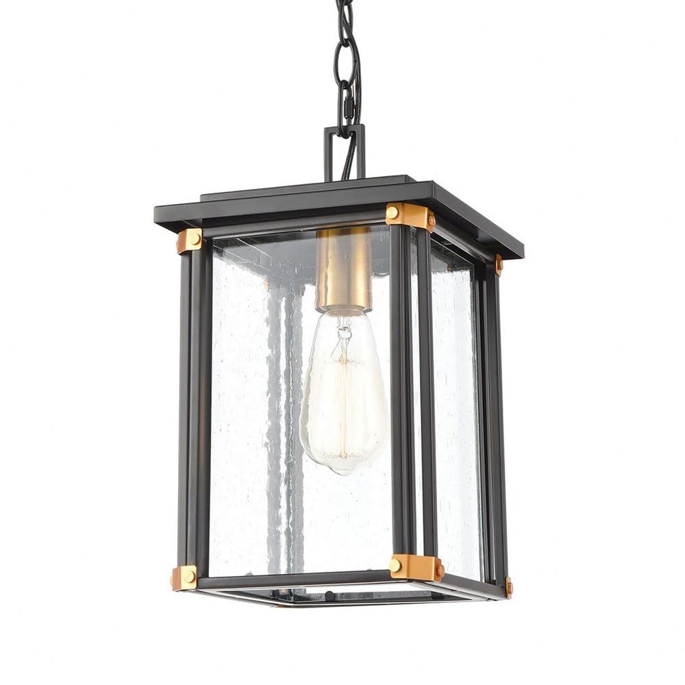 Rectangular One Light Outdoor Hanging Lantern Ceiling Light with Brass Accents - Exposed Bulb Pendant Light in Matte Black/Brushed Brass Finish for Porch, Patio & Garden Decor