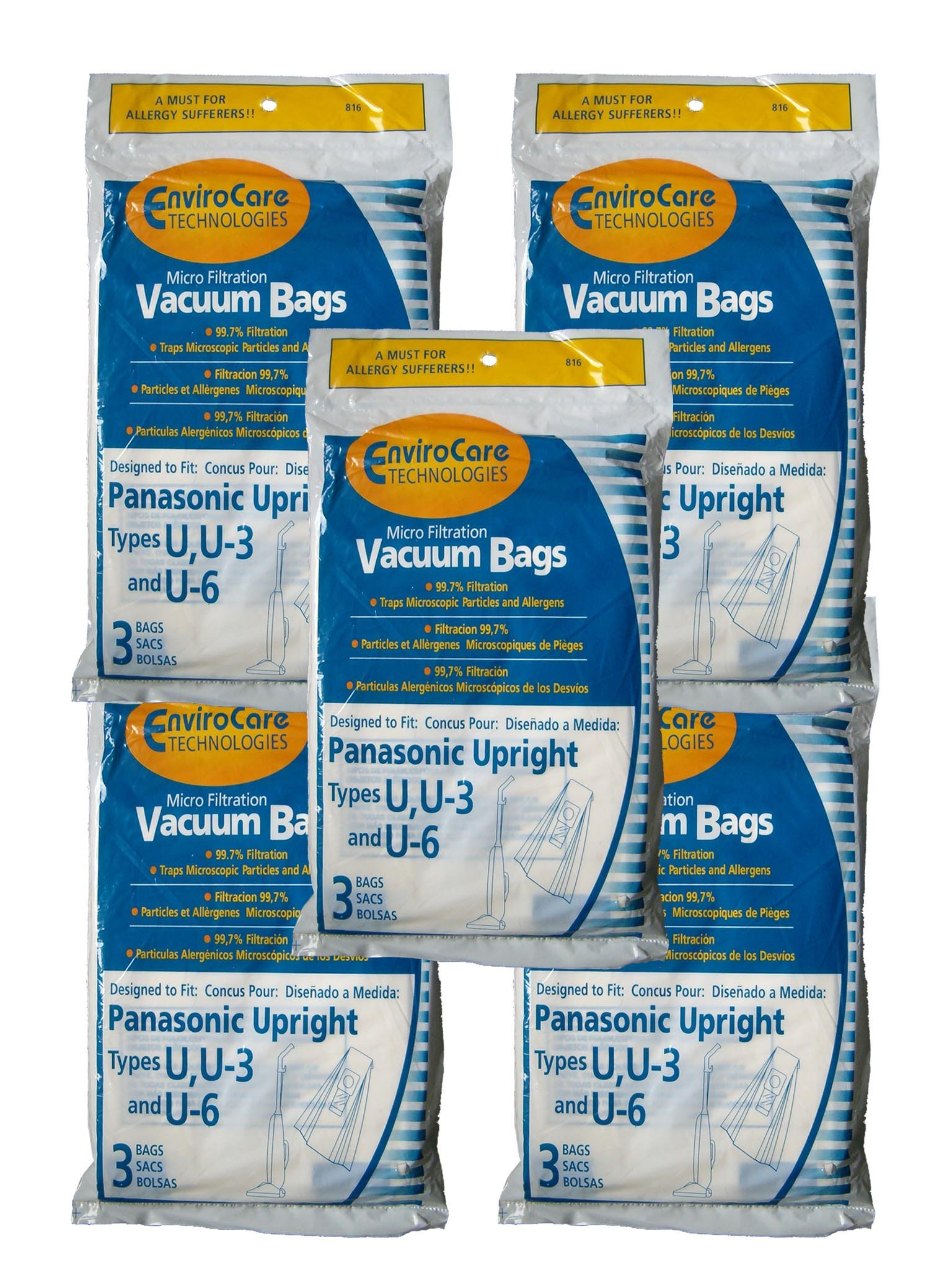 Envirocare Replacement Vacuum Bags - 15 Pack Compatible with Panasonic U, U-3 & U-6 Upright Vacuum Cleaners | HEPA Filter | Dust & Allergen Control | Perfect for Home Cleaning, Pet Hair Removal & Allergy Relief