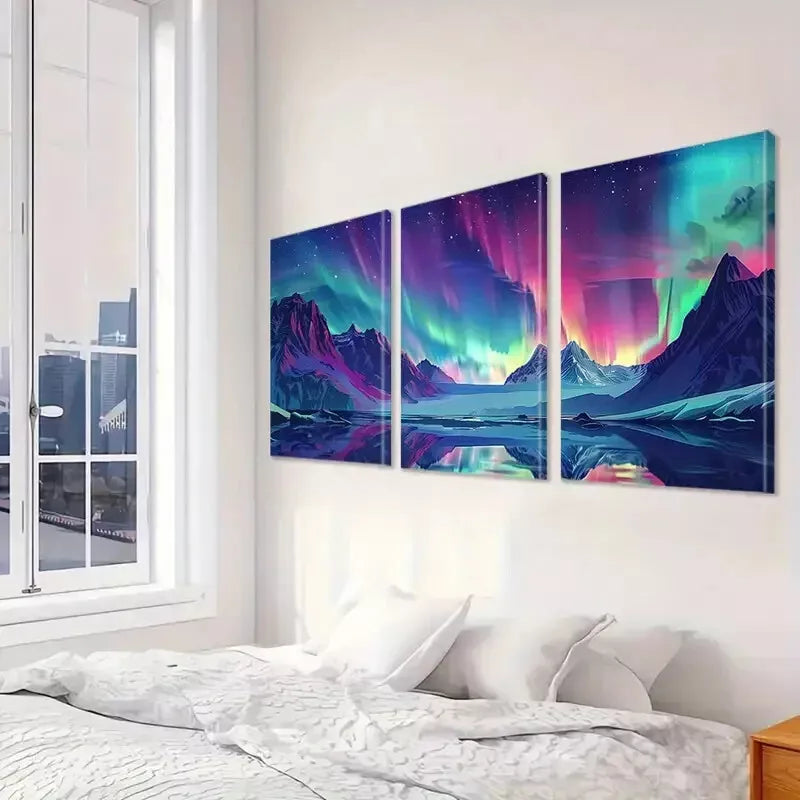 3-Piece Aurora Borealis Icy Mountains Canvas Art Set - Framed Wall Decor 50x70cm - High Quality Print - 100% Australian Made - Ready to Hang - Perfect for Living Room, Bedroom & Office Decor