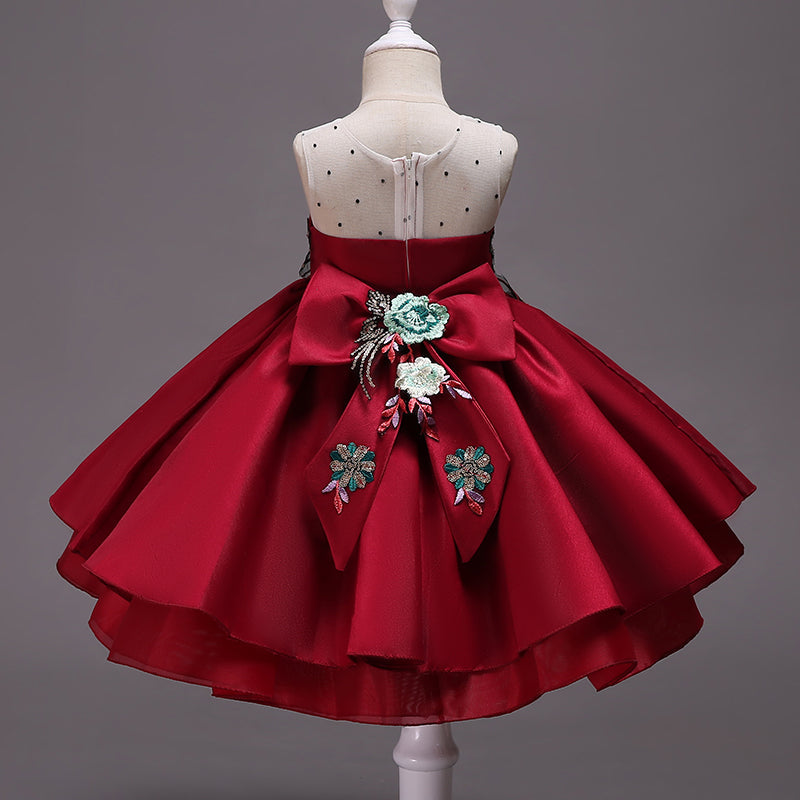 Elegant Burgundy A-Line Satin Flower Girl Dress with Embroidered Ruffles - Perfect for Weddings, Pageants & Special Occasions