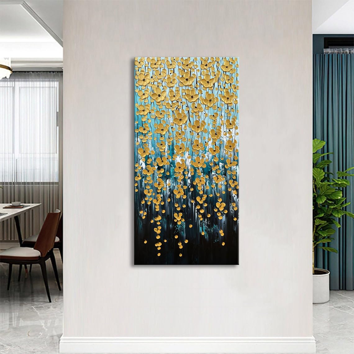 Zoinart 3D Modern Oil Painting on Canvas 24x48 Inches - Hand Painted Abstract Gold Floral Artwork with Texture - Vertical Contemporary Wall Art for Living Room, Bedroom & Office Decor