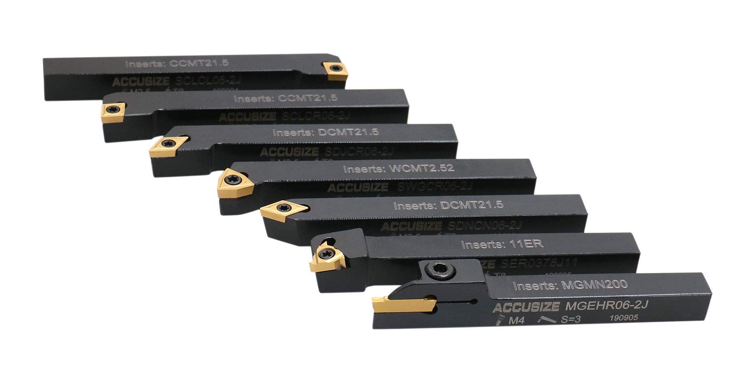 Accusize 3/8'' Shank 7-Piece Indexable Carbide Turning Tool Set with Fitted Case (2387-2003) - Perfect for Lathe Turning, Facing, and Threading Operations in Metalworking